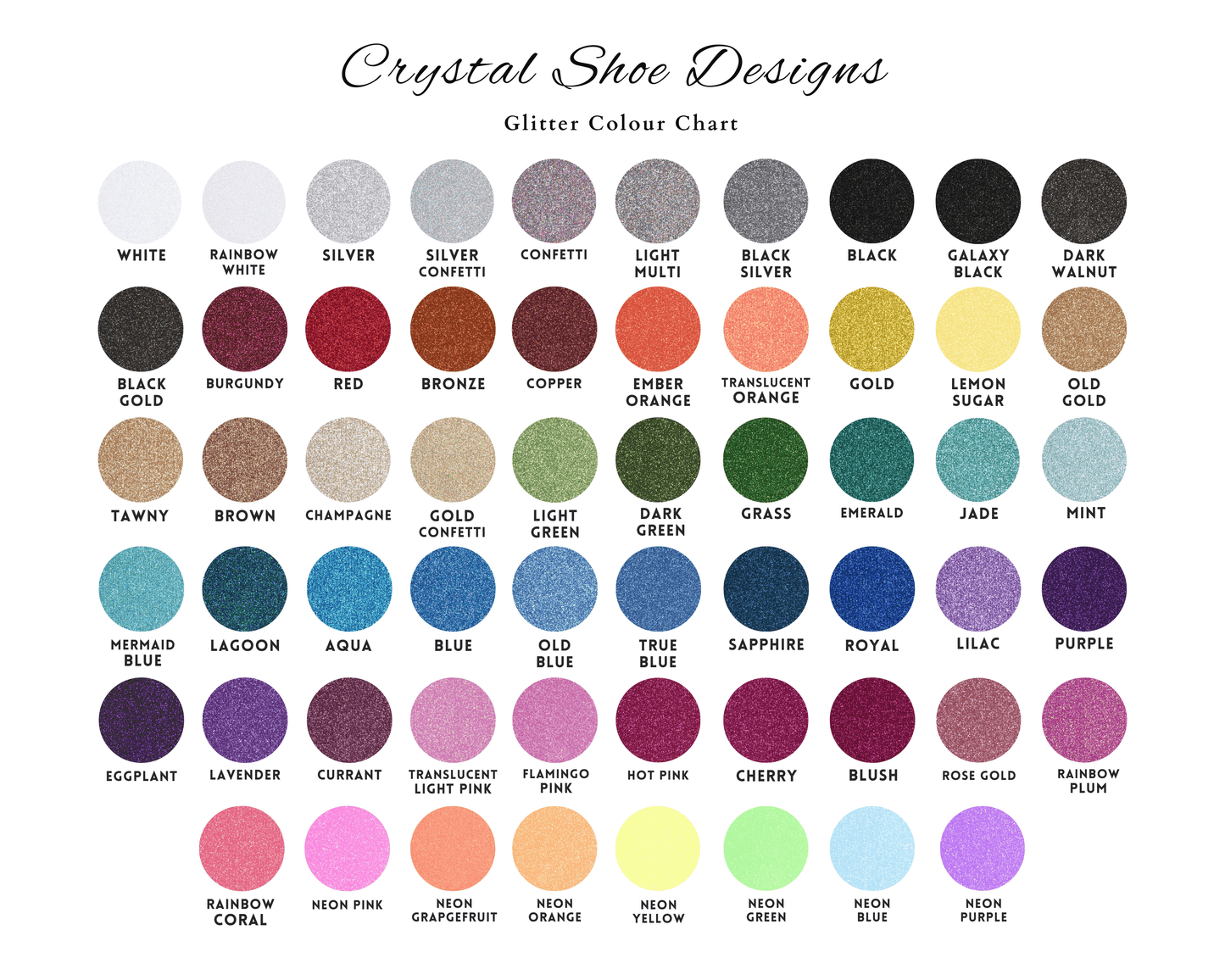 Crystal Shoe Designs glitter colour chart