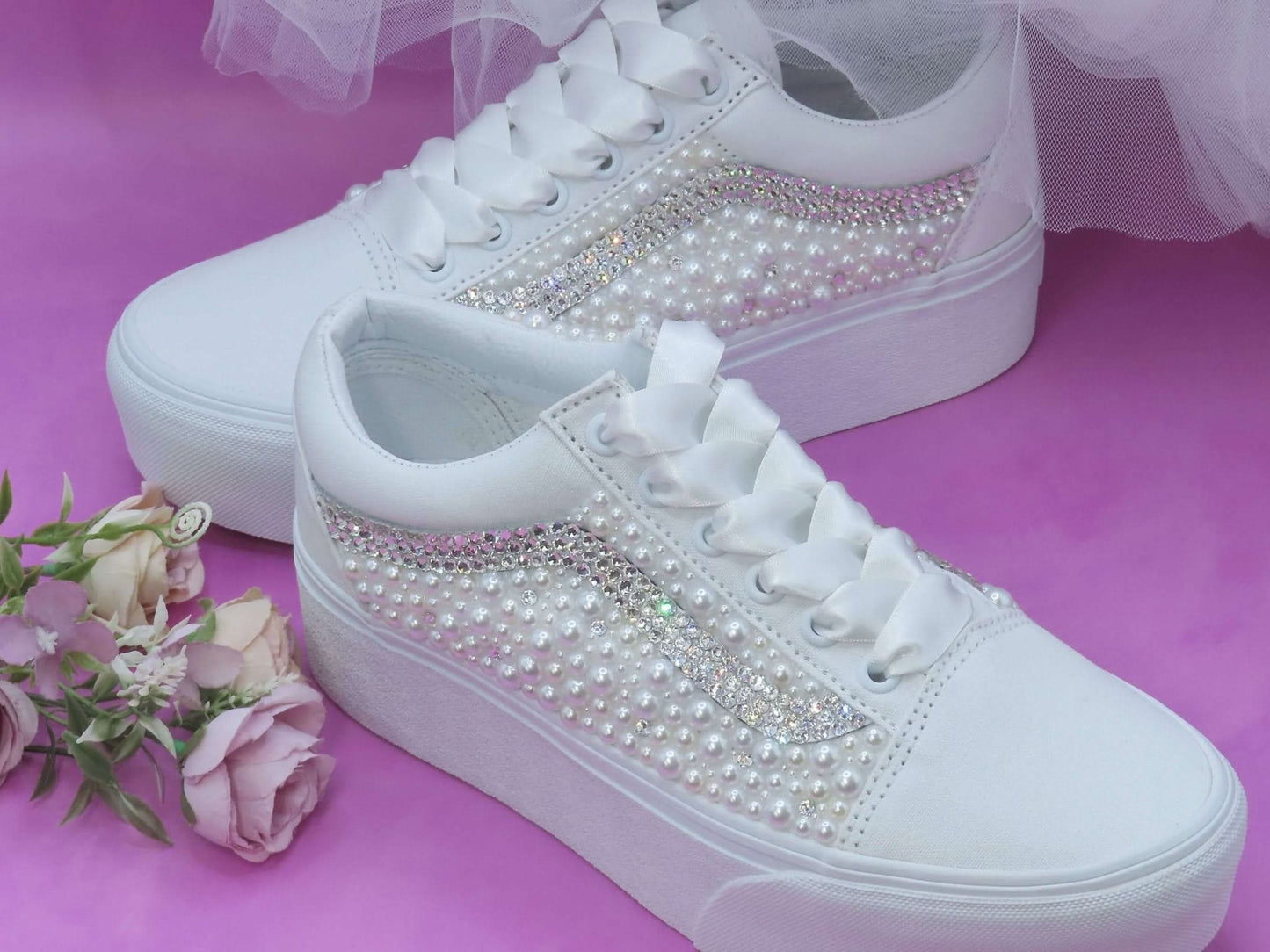 Bridal Crystal & Pearl Vans Platform trainers - Crystal Shoe Designs