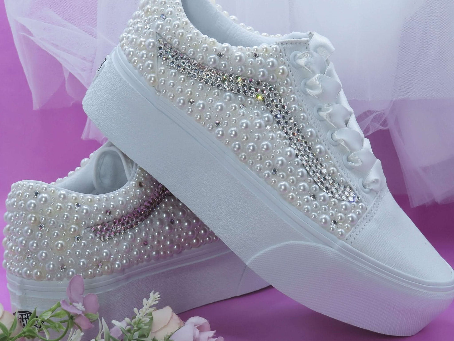 Bridal Crystal & Pearl Vans Platform trainers - Crystal Shoe Designs
