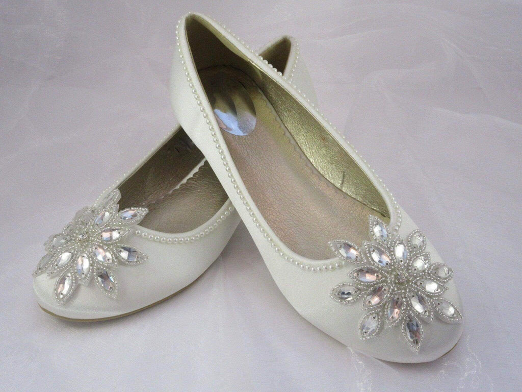 Bridal Custom Ivory Flat Shoes/ Satin Wedding Shoes/ Wedding Flats/ Embellished Wedding Shoes. - Crystal Shoe Designs