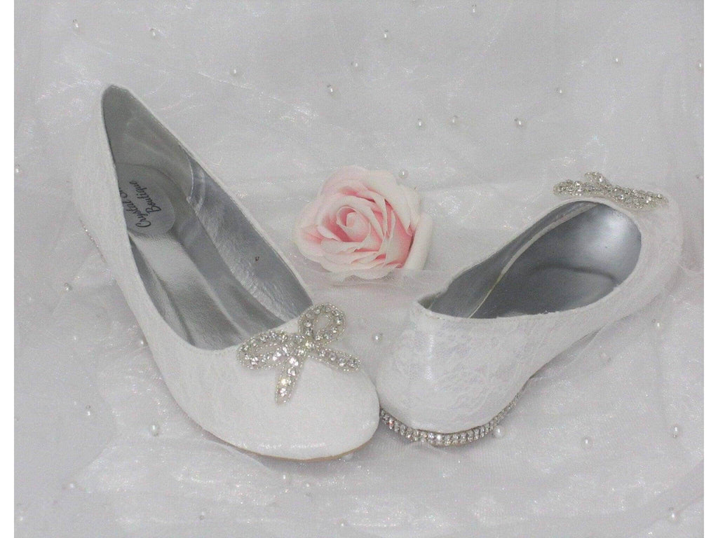 Bridal Wedding Custom Flat Shoes/ White Lace Wedding Shoes/ Wedding Flats/ Embellished Wedding Shoes. - Crystal Shoe Designs