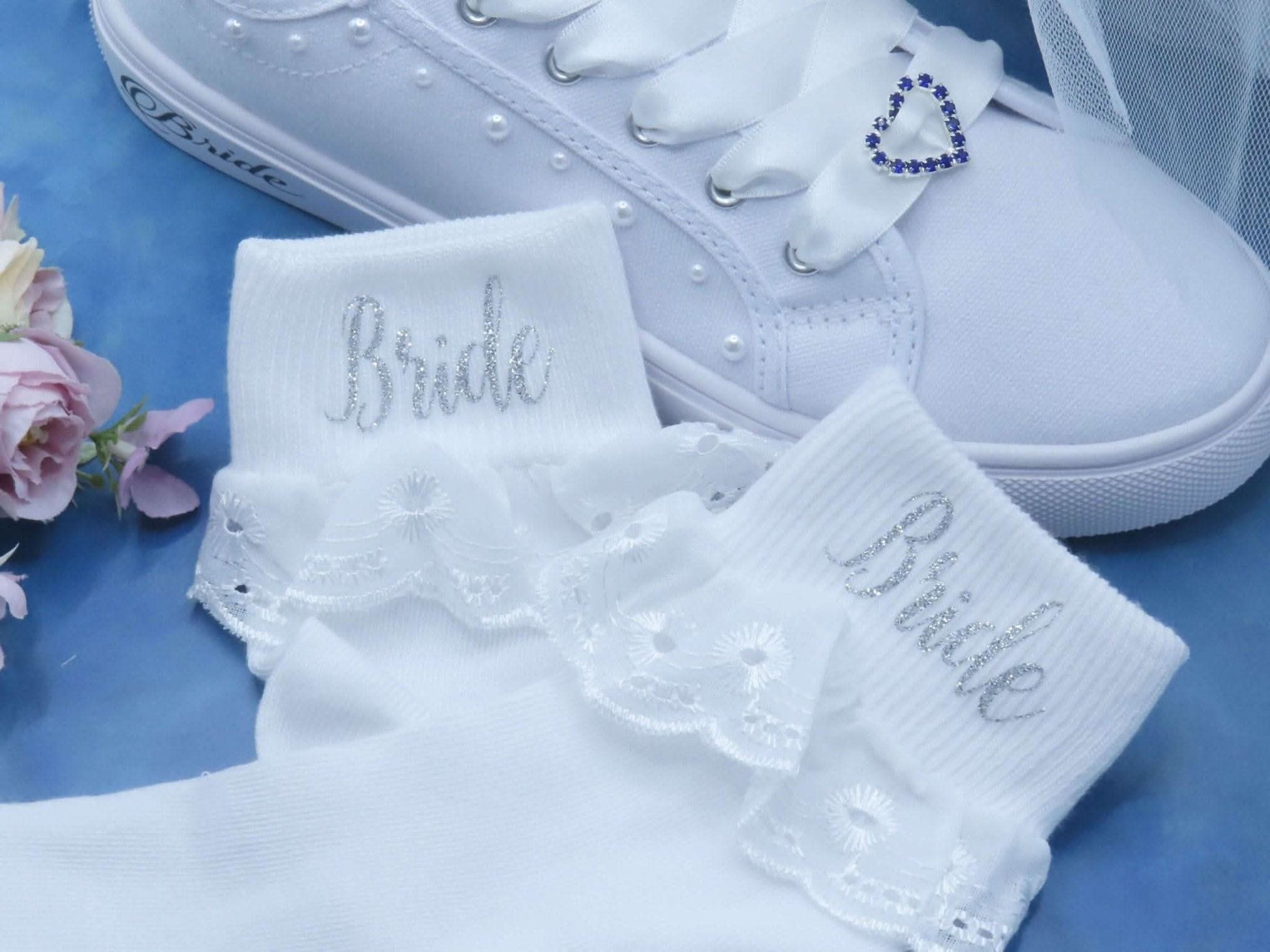 "Bride" Printed Frilly Wedding Socks. - Crystal Shoe Designs