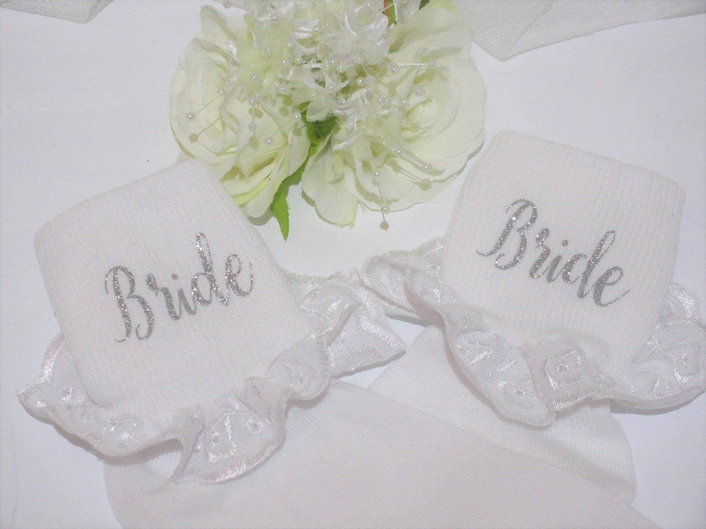"Bride" Printed Frilly Wedding Socks. - Crystal Shoe Designs