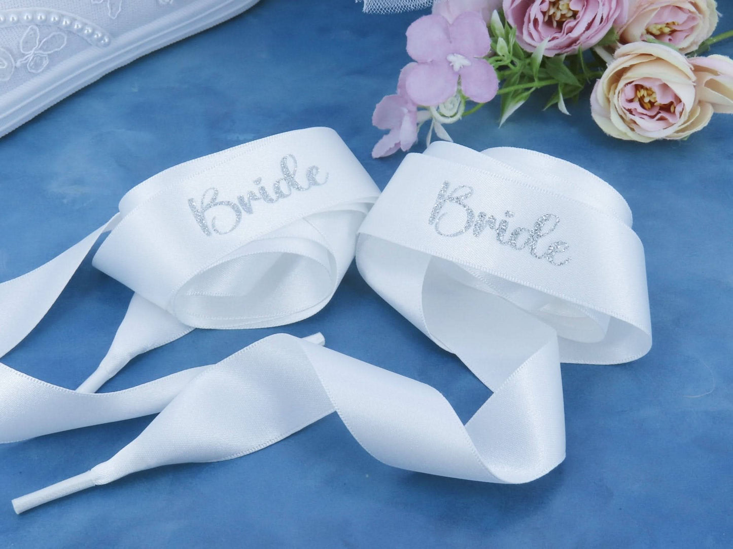 "Bride" Ribbon Bridal Trainer Laces for Bride. - Crystal Shoe Designs