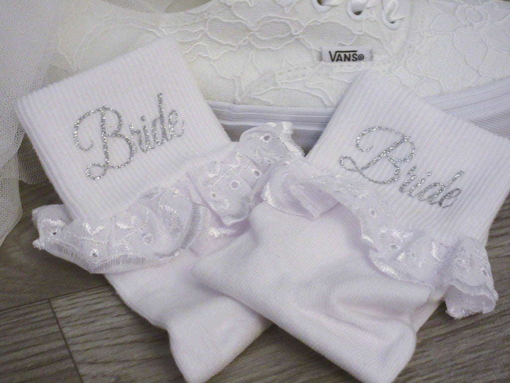 "Bride" White Frilly Wedding Socks - Crystal Shoe Designs