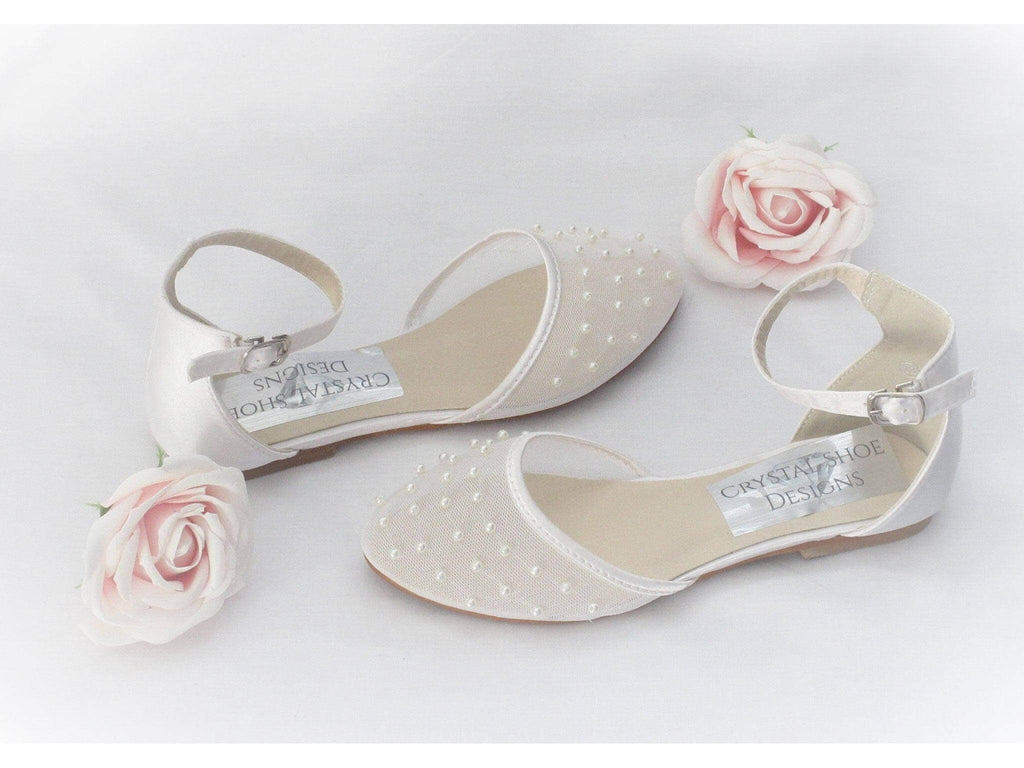 Bridesmaid, Flower Girl, Communion White Ivory Satin Shoes, Girls Party Shoes. - Crystal Shoe Designs