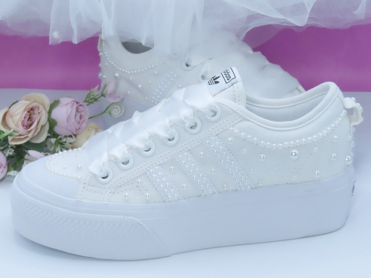 Custom Pearl Adidas Platform Bridal Trainers. - Crystal Shoe Designs