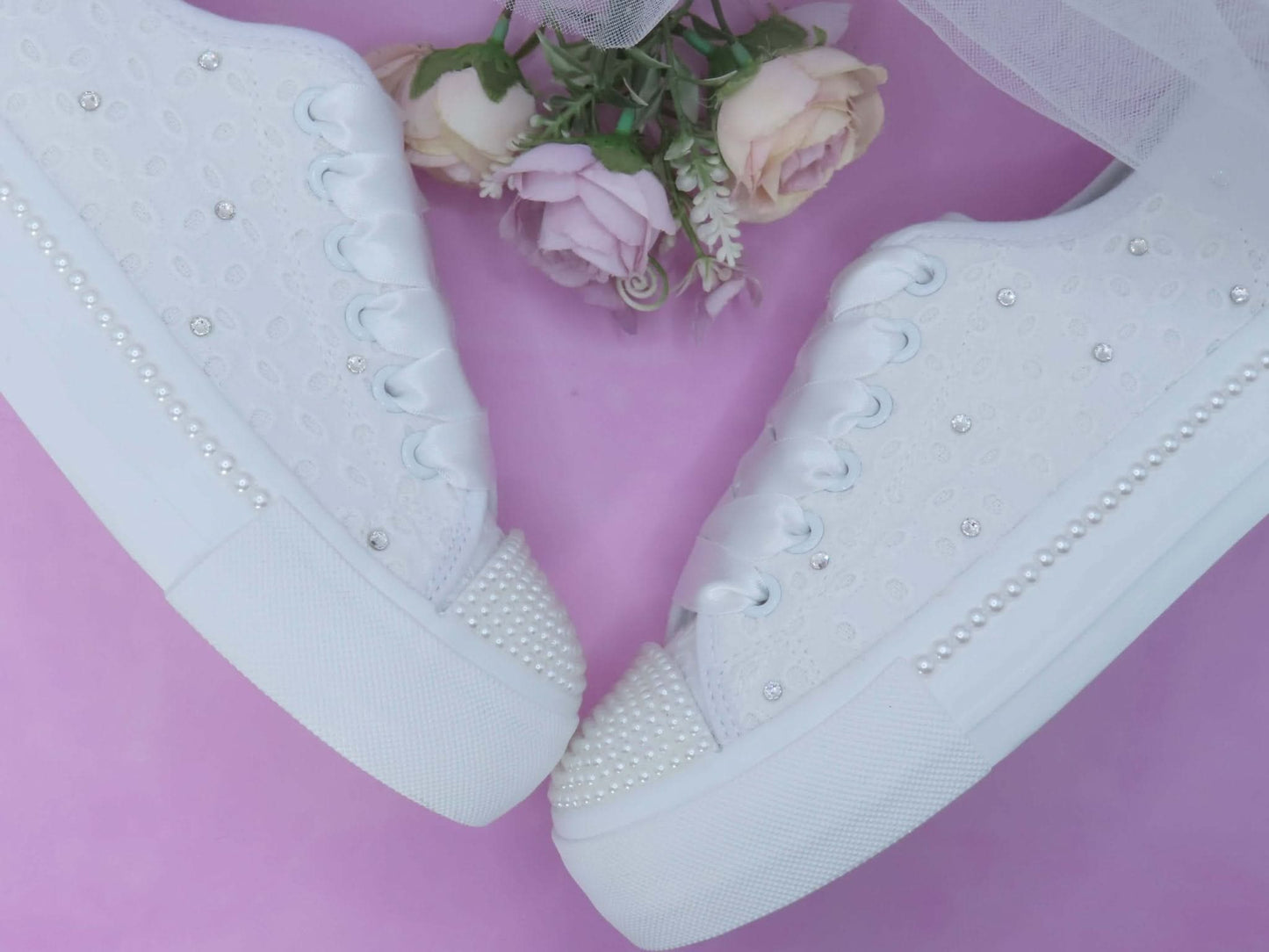 Flower Girl/ Holy Communion White Lace Crystal & Pearl Detail Trainers. - Crystal Shoe Designs