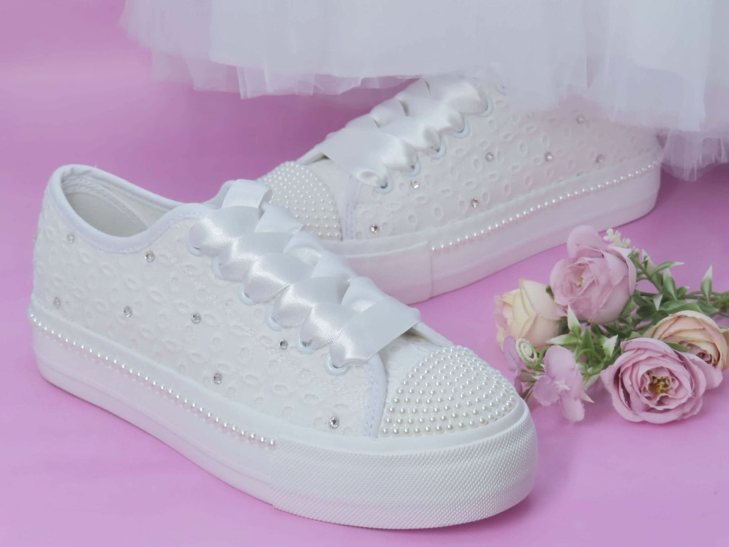 Flower Girl/ Holy Communion White Lace Crystal & Pearl Detail Trainers. - Crystal Shoe Designs