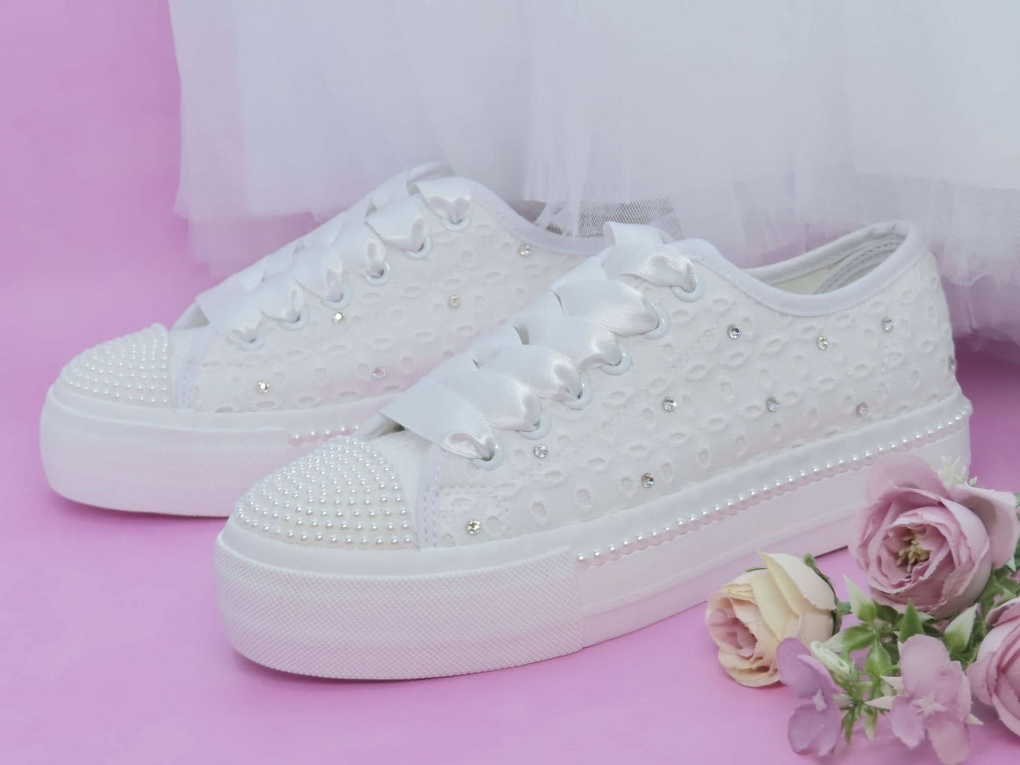 Flower Girl/ Holy Communion White Lace Crystal & Pearl Detail Trainers. - Crystal Shoe Designs