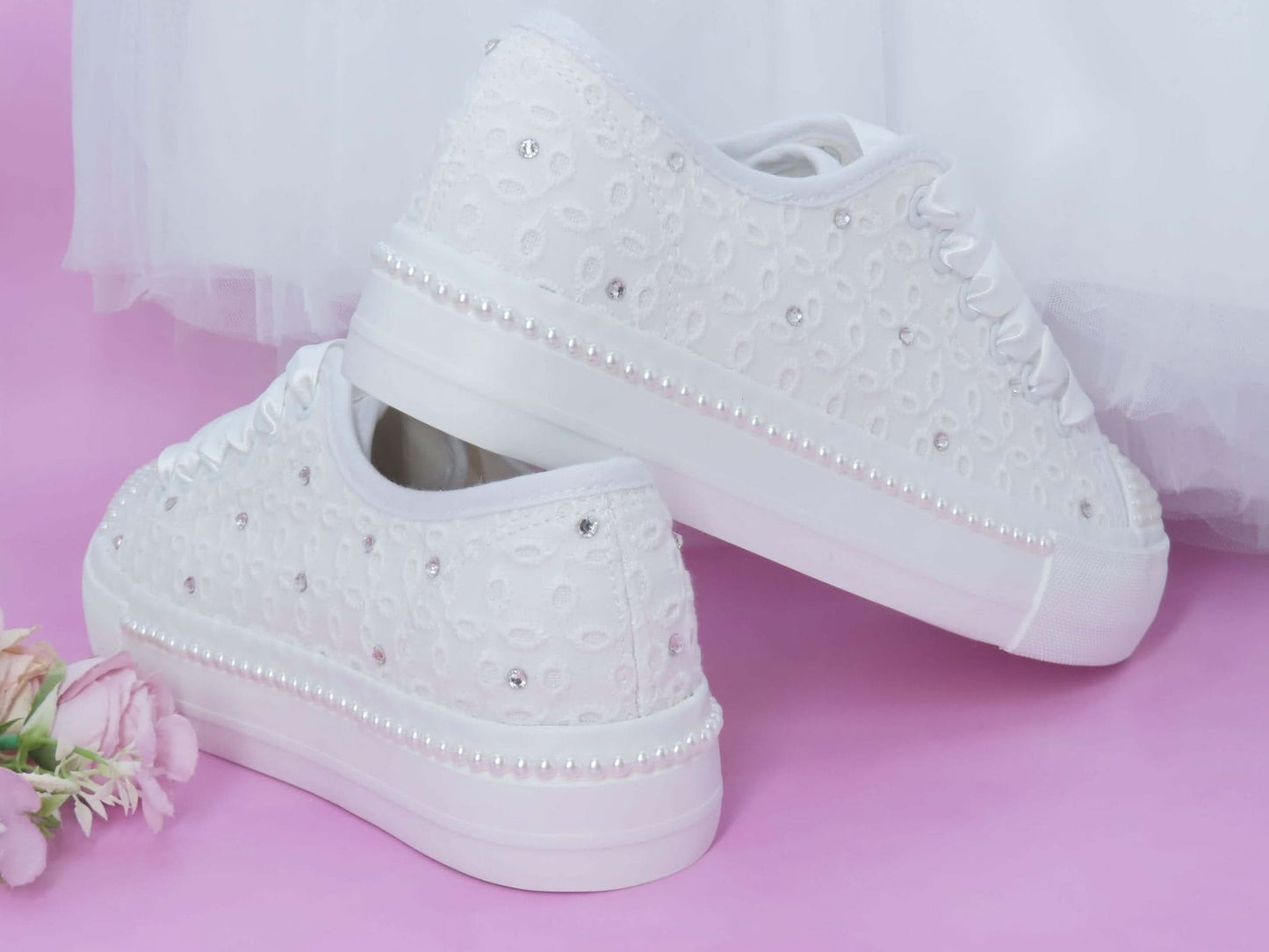 Flower Girl/ Holy Communion White Lace Crystal & Pearl Detail Trainers. - Crystal Shoe Designs