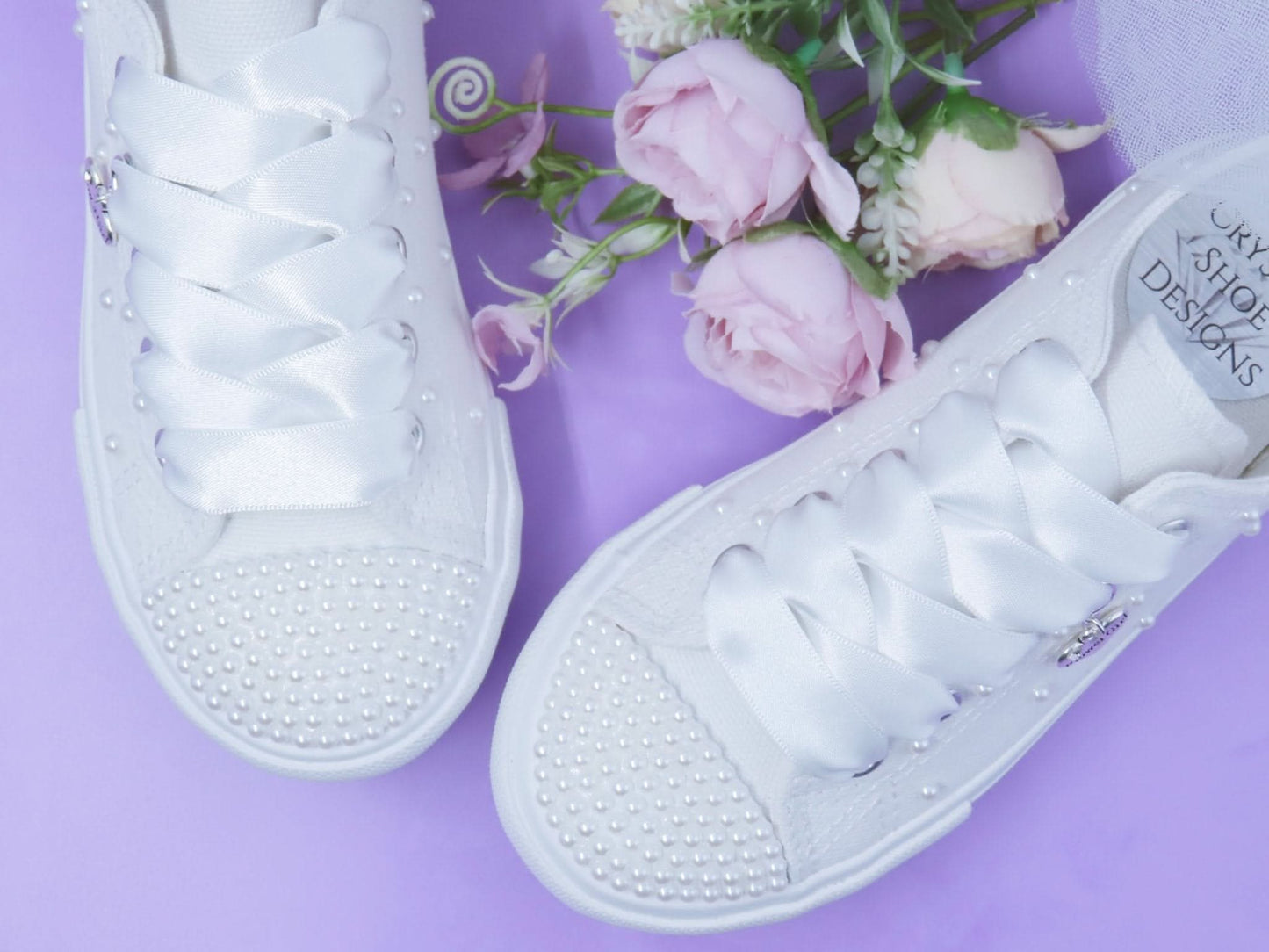 Flower Girl White Pearl Trainers. - Crystal Shoe Designs