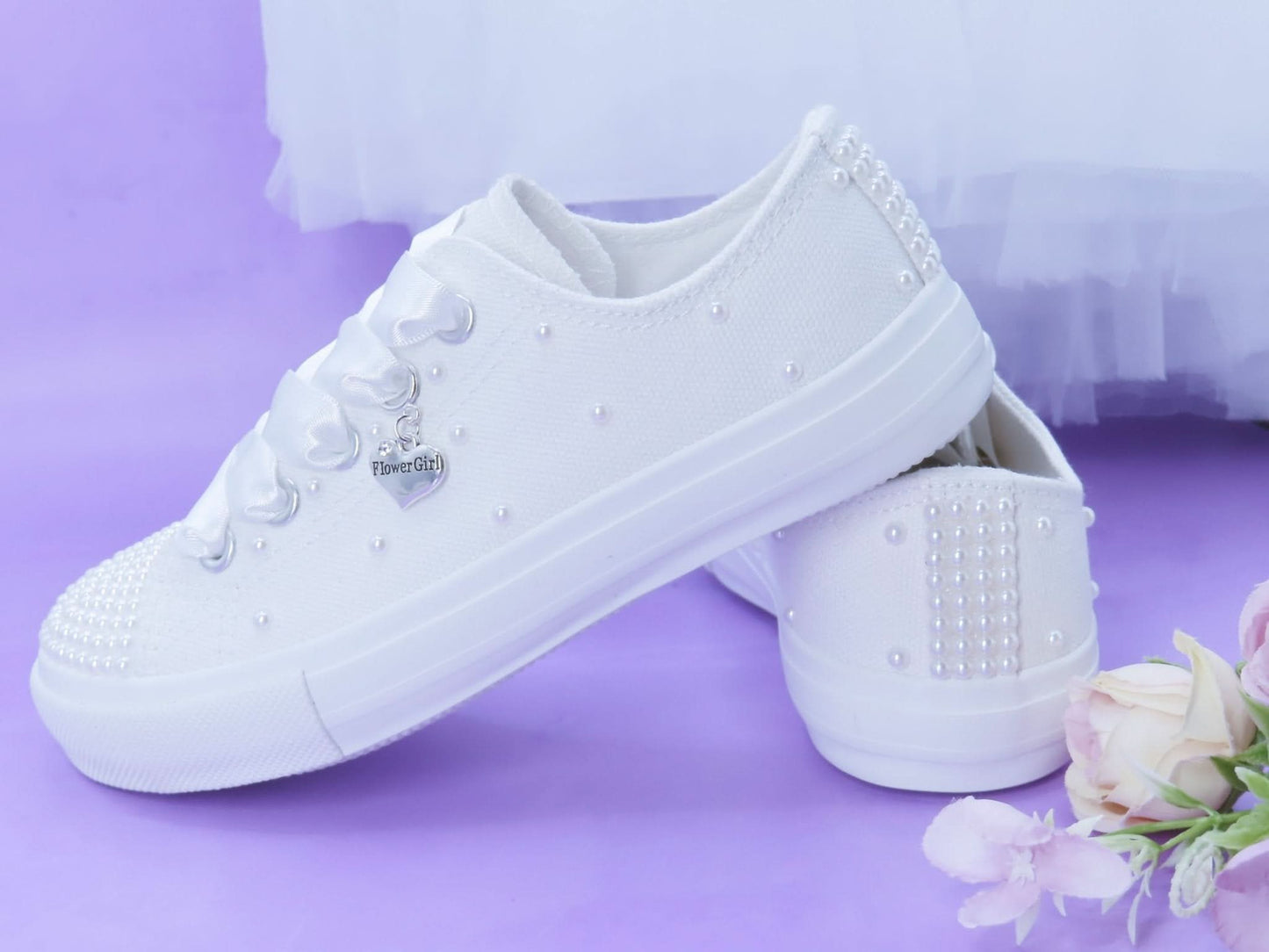 Flower Girl White Pearl Trainers. - Crystal Shoe Designs