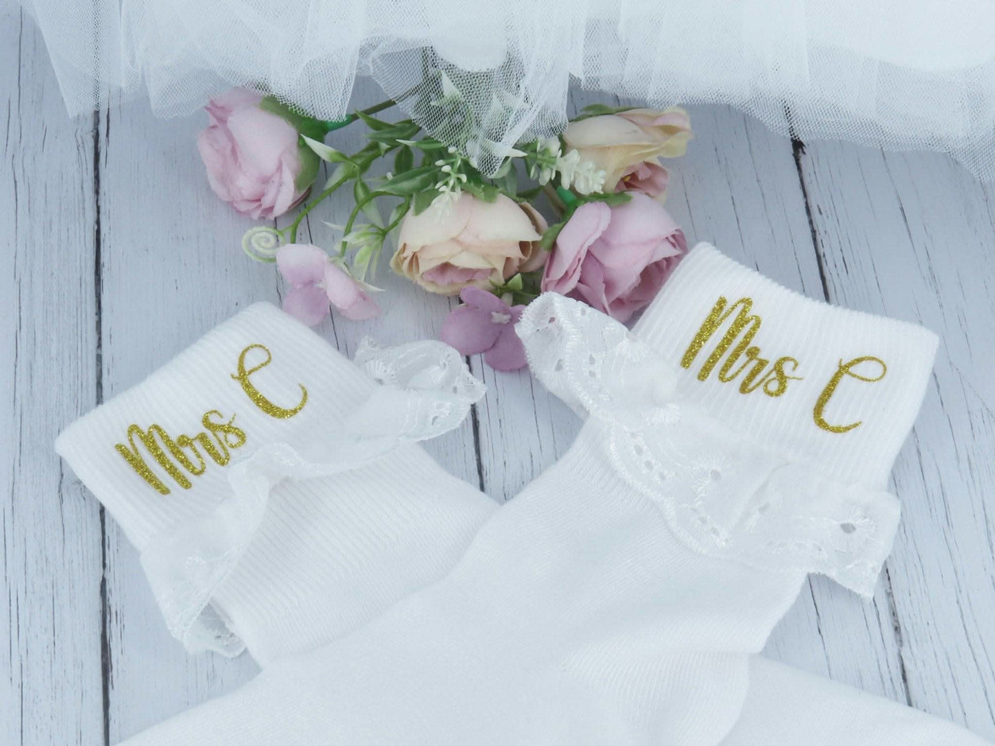Gold Glitter "Mrs" Personalised Wedding Socks. - Crystal Shoe Designs