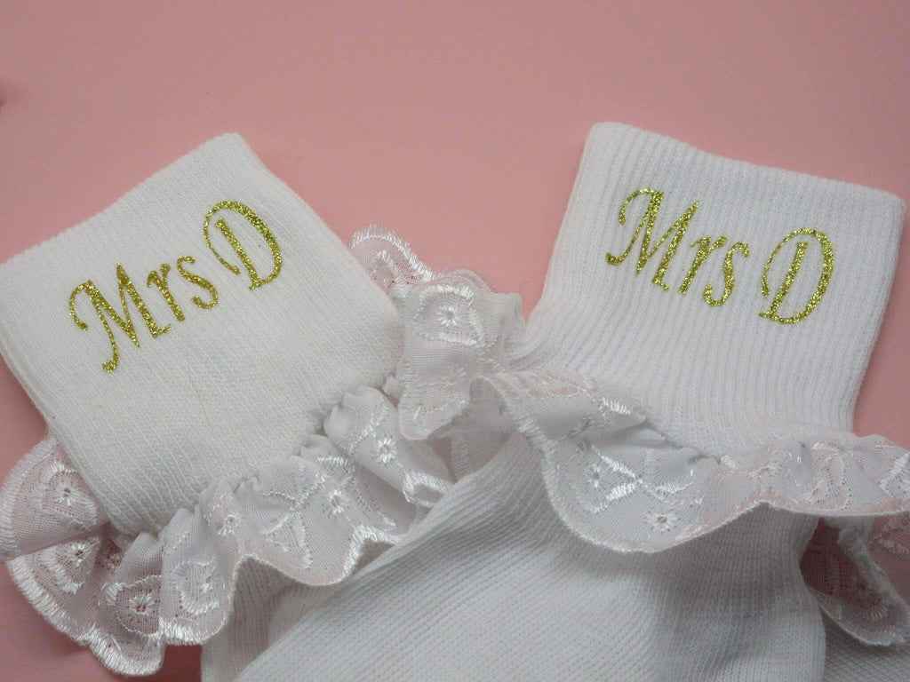 Gold "Mrs" Personalised Wedding Socks For Brides. - Crystal Shoe Designs