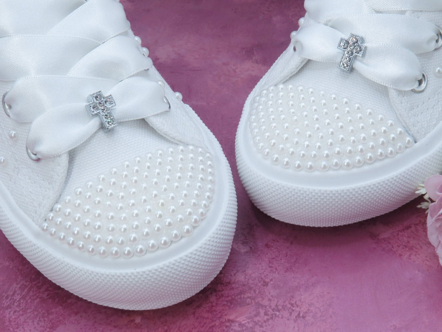 Holy Communion White Pearl Trainer Shoes - Crystal Shoe Designs