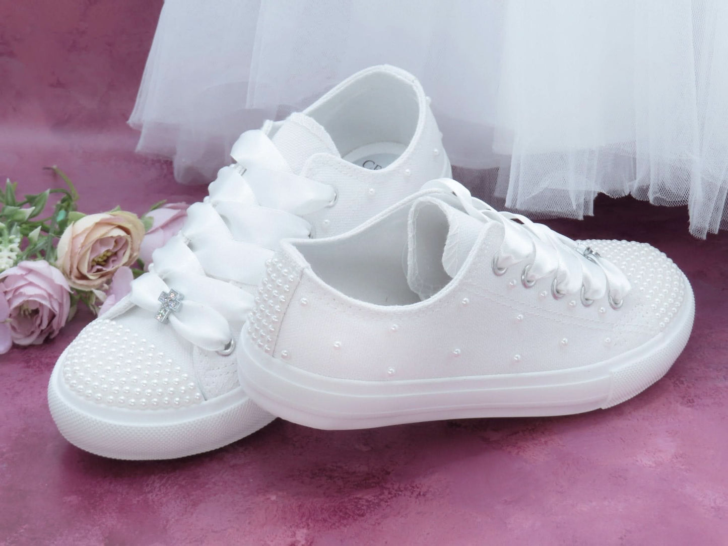 Holy Communion White Pearl Trainer Shoes - Crystal Shoe Designs