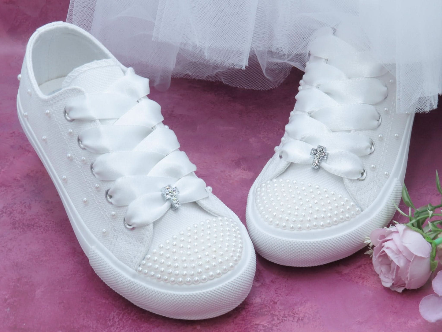 Holy Communion White Pearl Trainer Shoes - Crystal Shoe Designs