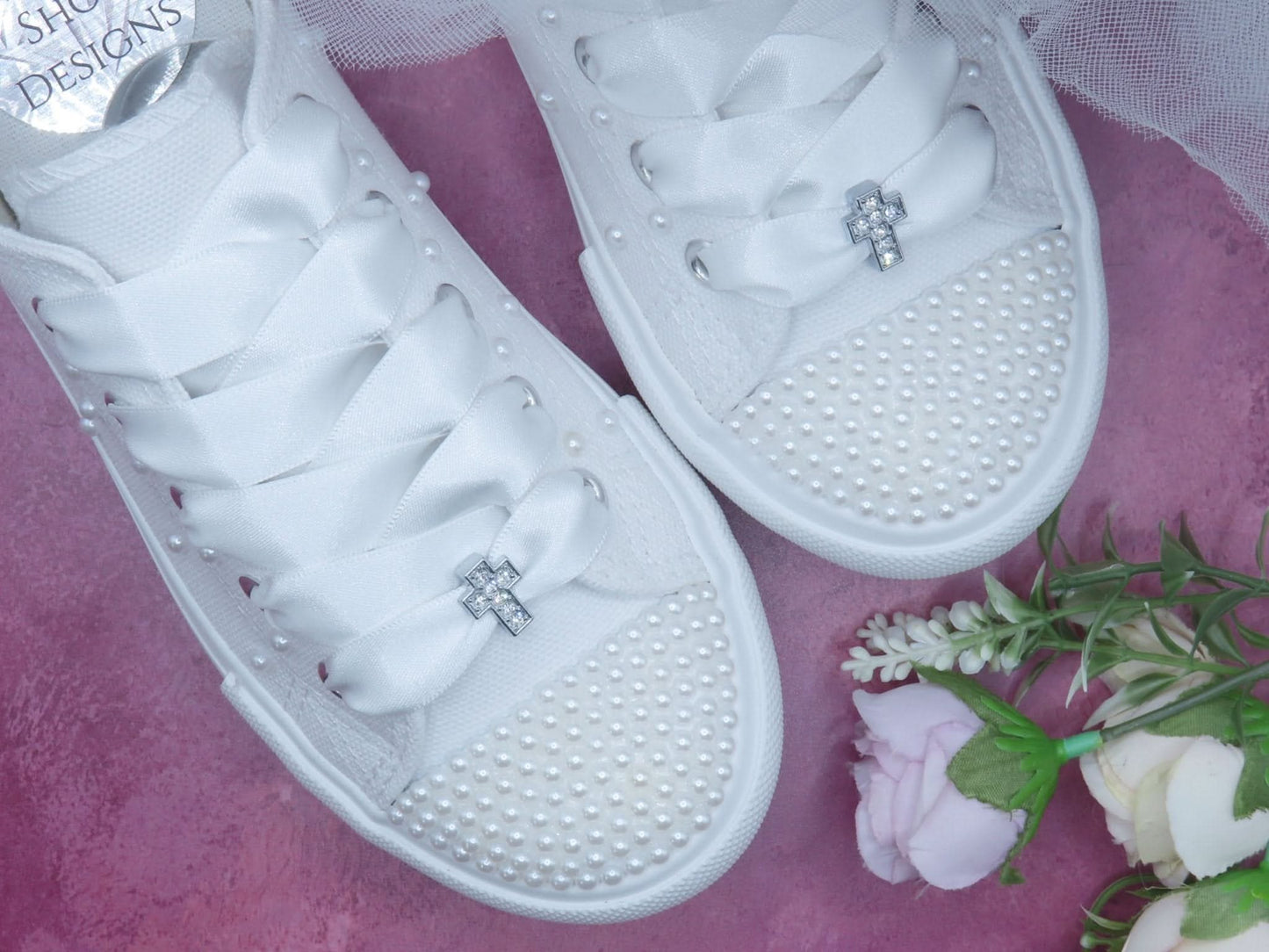 Holy Communion White Pearl Trainer Shoes - Crystal Shoe Designs