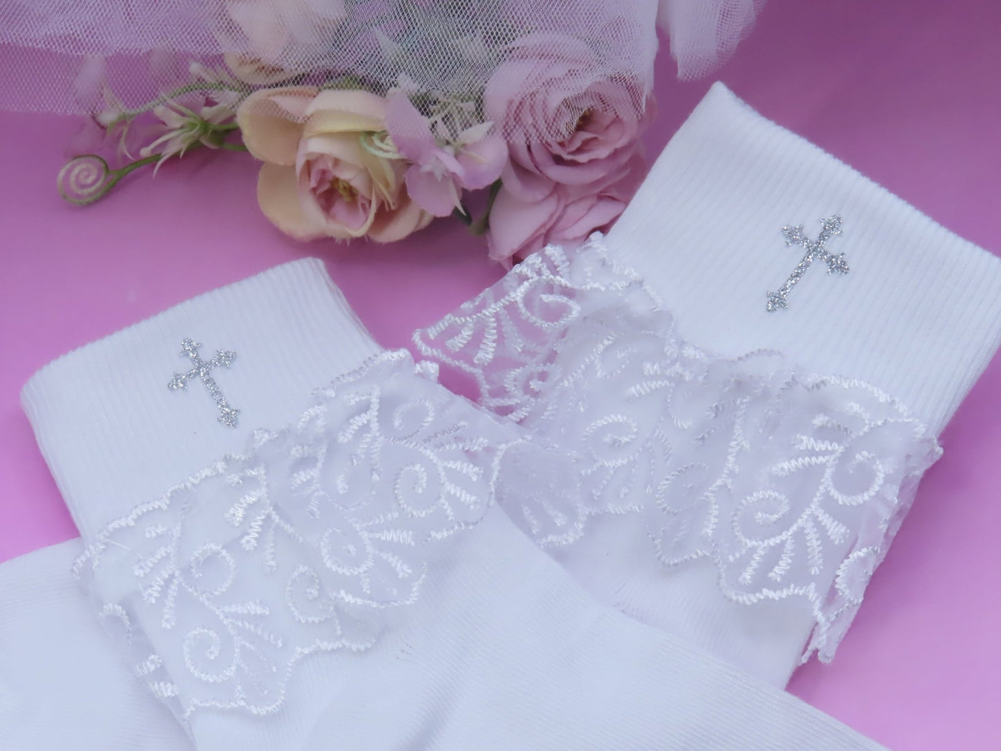 Holy Cross Communion Socks Size 12.5 - 3.5 - Crystal Shoe Designs