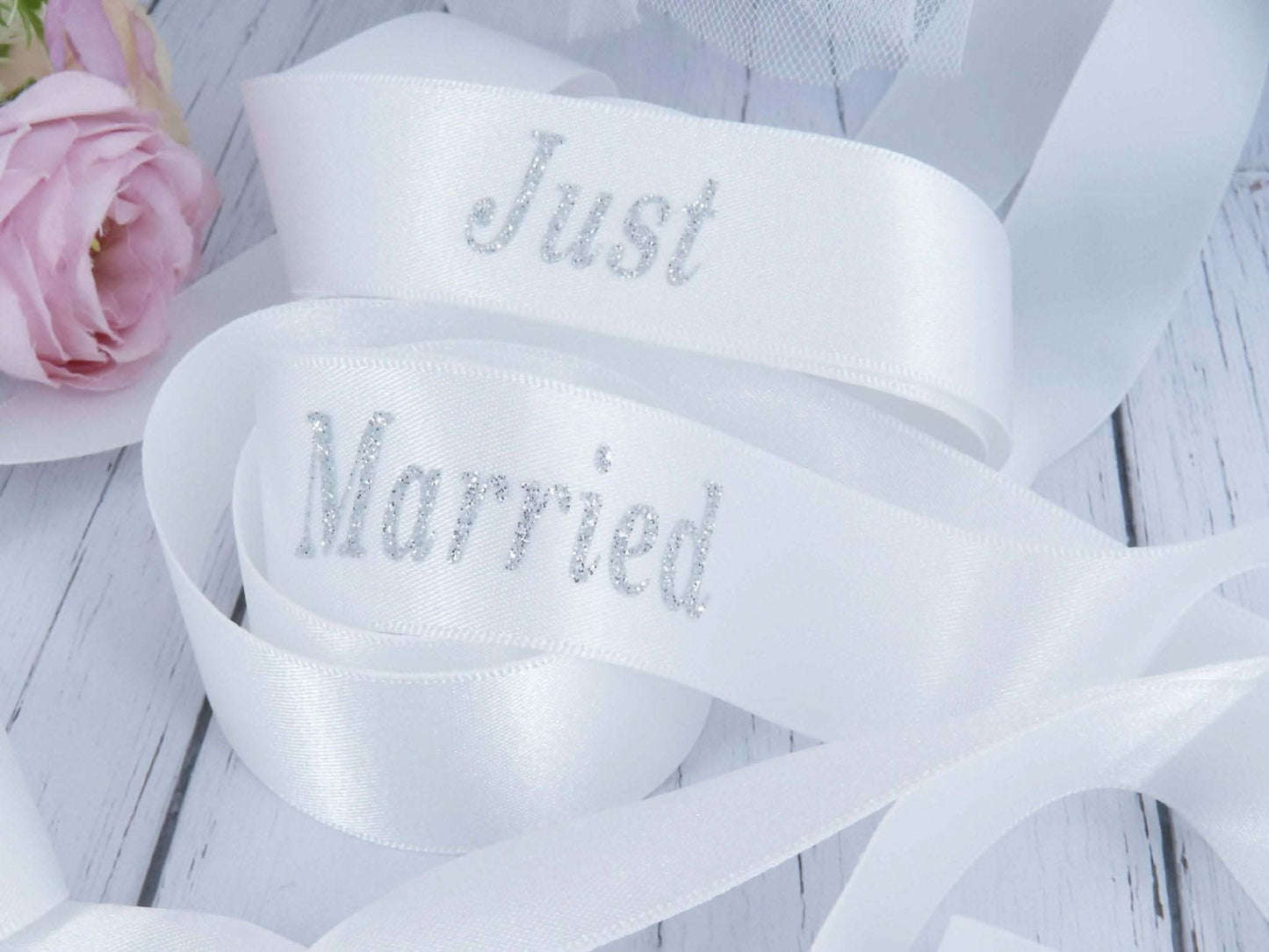 "Just Married" Wedding Ribbon Trainer Laces for Bride. - Crystal Shoe Designs