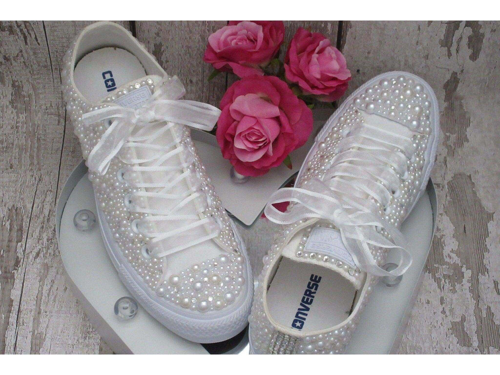 Luxury Wedding Bridal Converse - Crystals + White + Ivory Pearl Embellished - Other Options - Custom Bling Sneakers Trainers - Crystal Shoe Designs