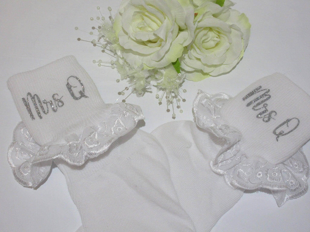 Personalised "Mrs" Bridal Frilly Wedding Socks. - Crystal Shoe Designs