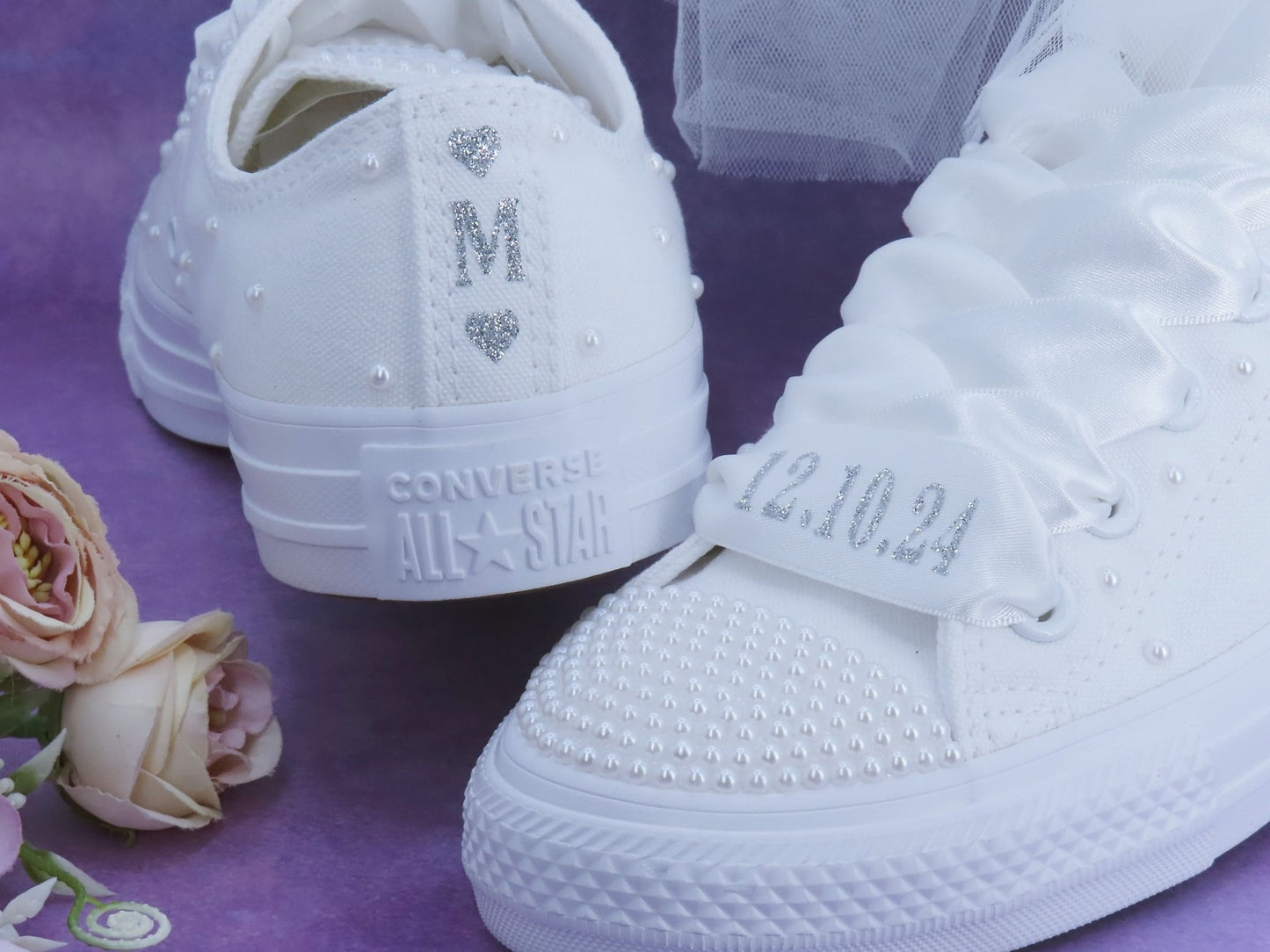 Personalised Pearl Bridal Converse With Personalised Ribbon Laces. - Crystal Shoe Designs