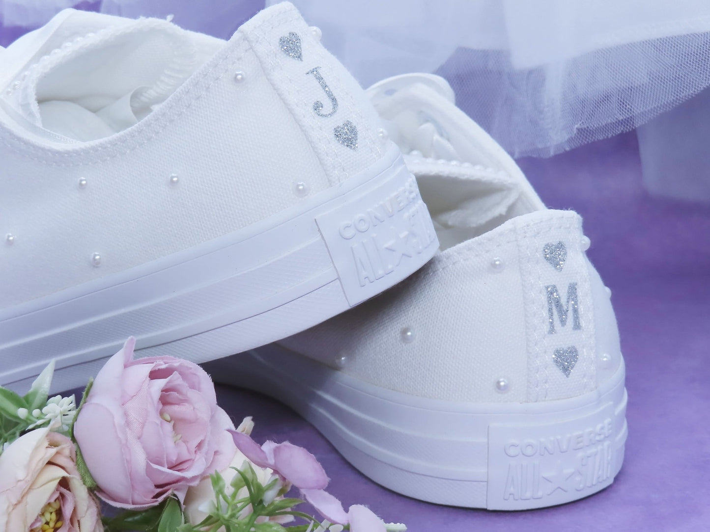 Personalised Pearl Bridal Converse With Personalised Ribbon Laces. - Crystal Shoe Designs