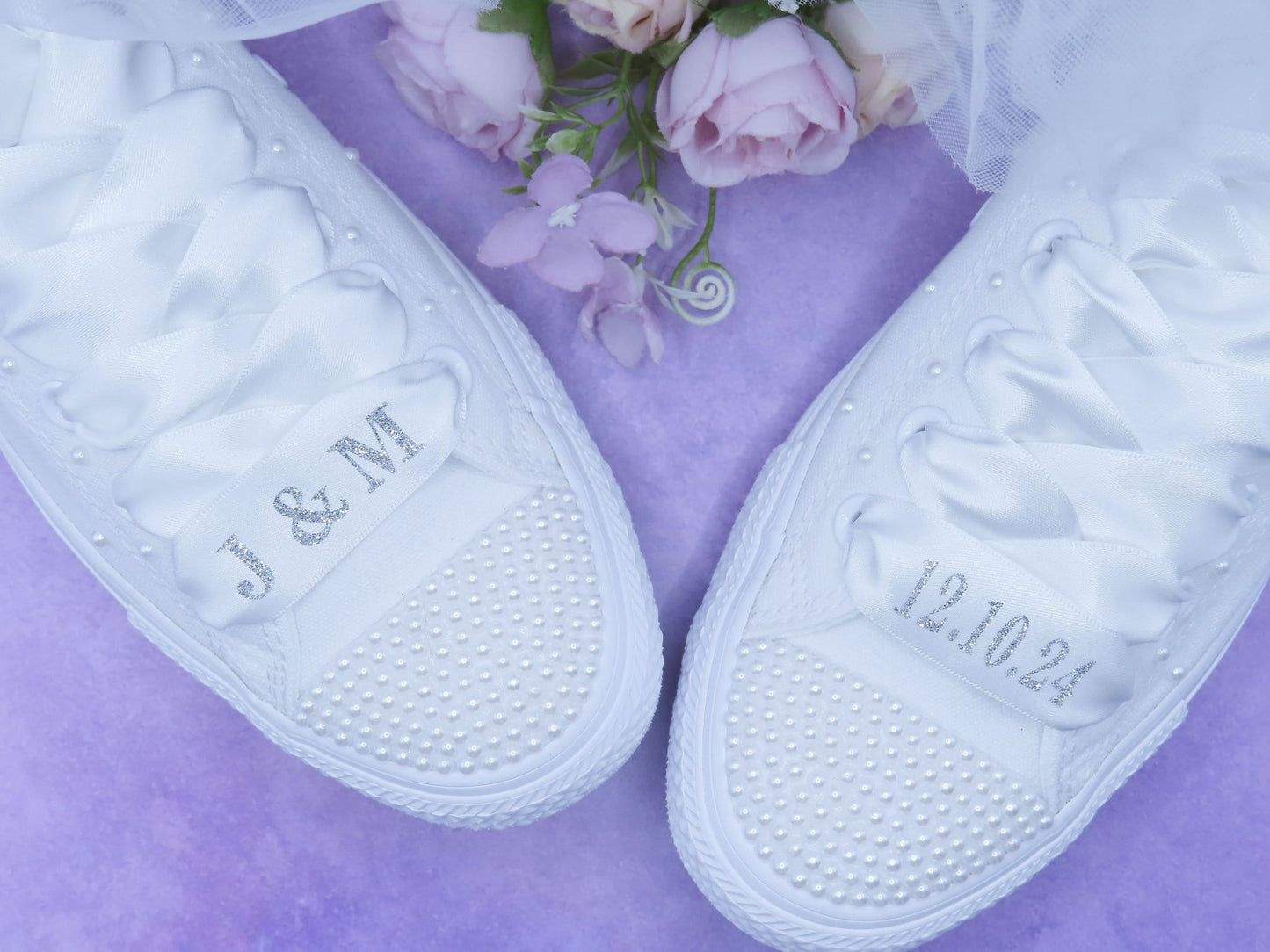 Personalised Pearl Bridal Converse With Personalised Ribbon Laces. - Crystal Shoe Designs