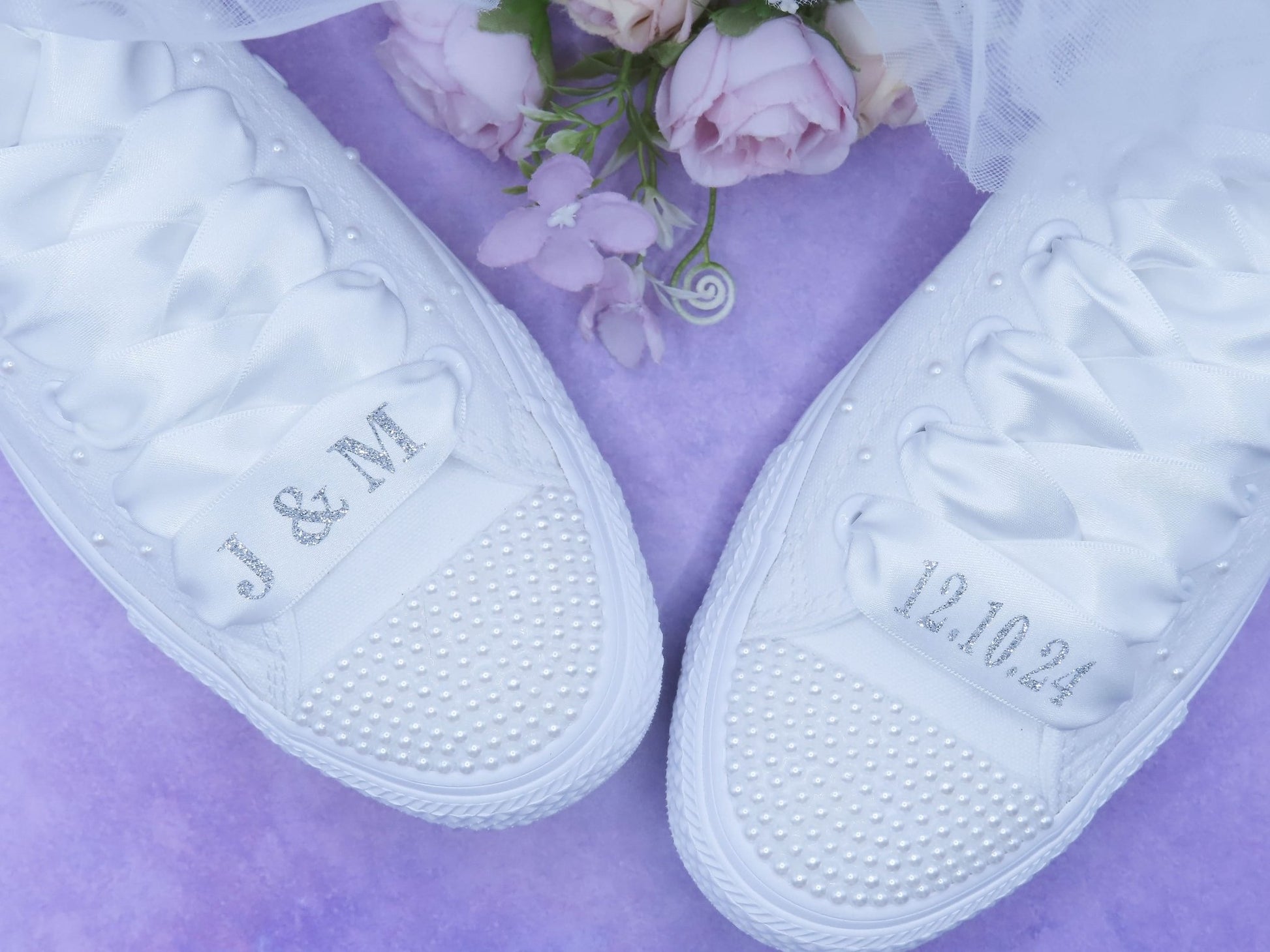 Personalised Pearl Bridal Converse With Personalised Ribbon Laces. - Crystal Shoe Designs
