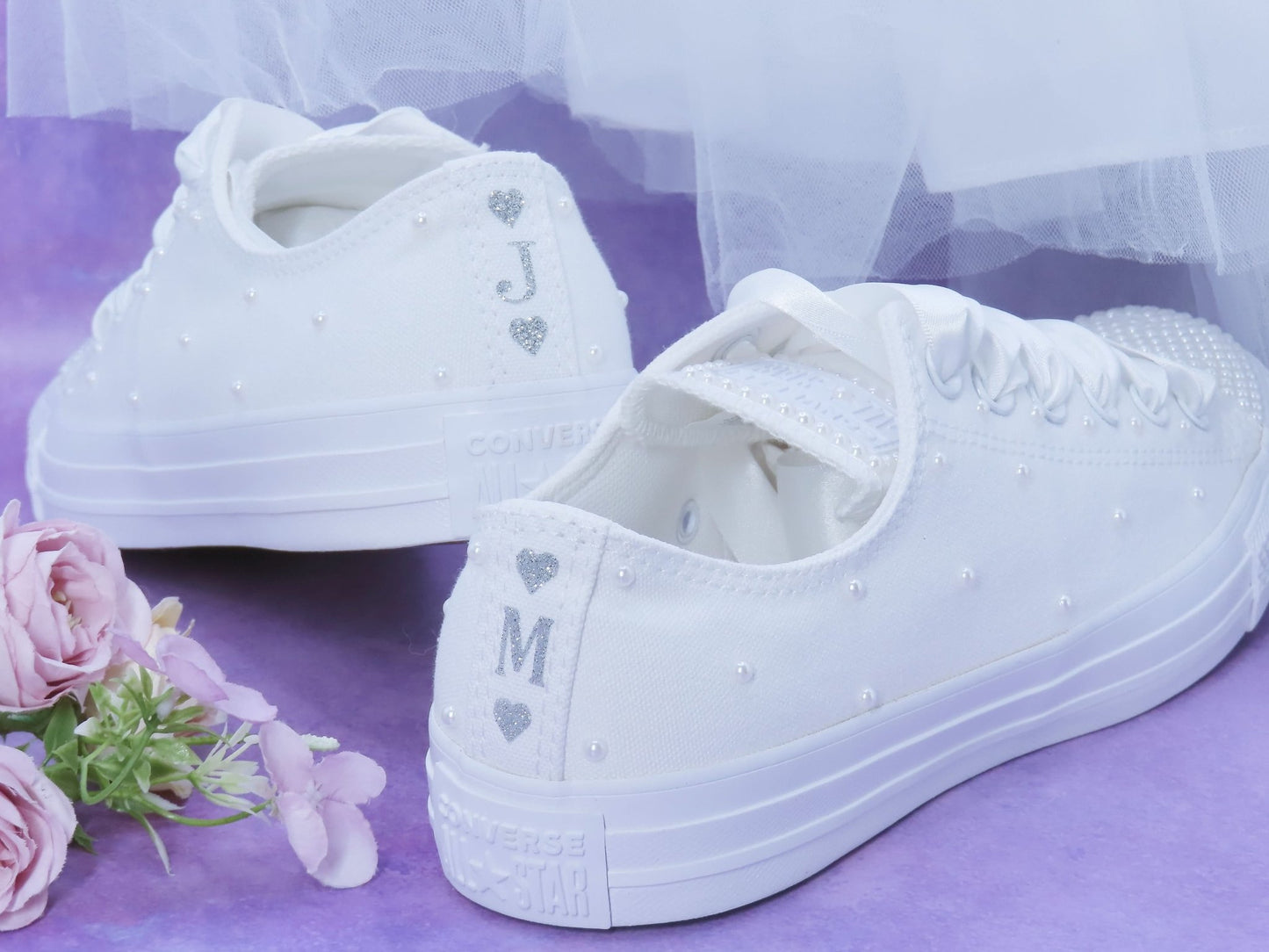 Personalised Pearl Bridal Converse With Personalised Ribbon Laces. - Crystal Shoe Designs