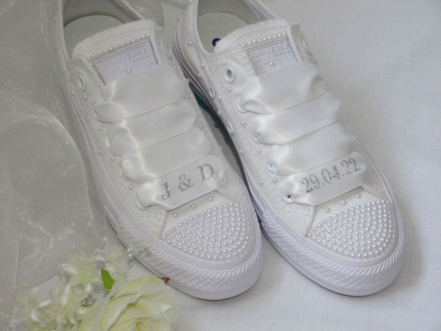 Personalised Wedding Bridal Ribbon Shoe Laces, Converse Laces. - Crystal Shoe Designs