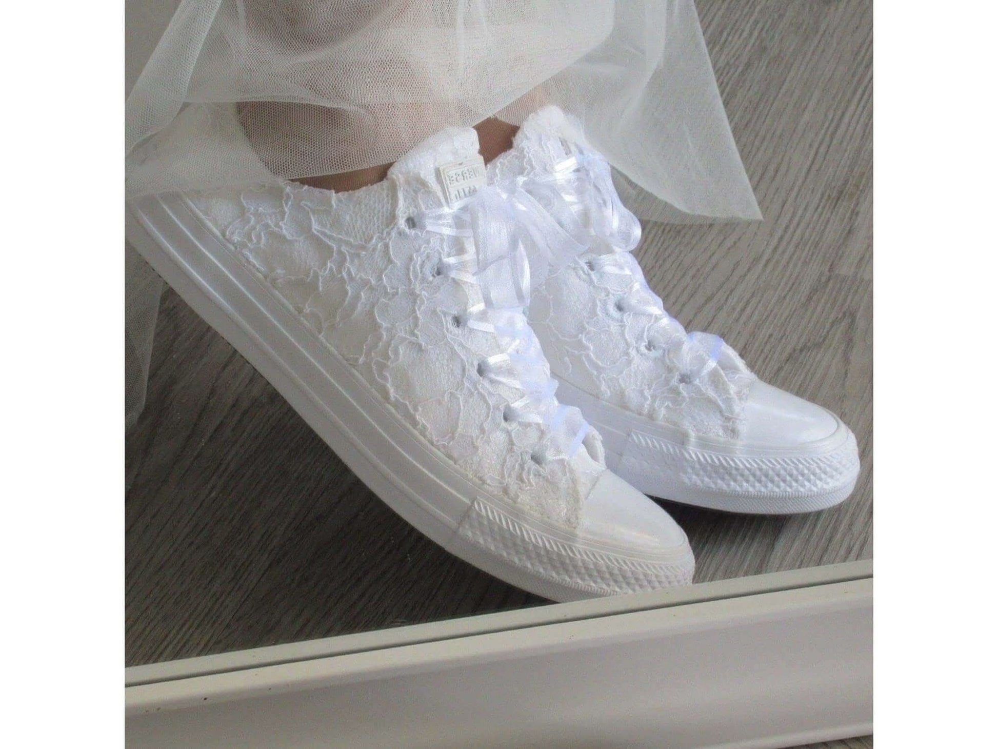 Personalised White Lace Bridal Wedding Converse, Custom Trainers for Brides, Any Colour Personalisation. - Crystal Shoe Designs