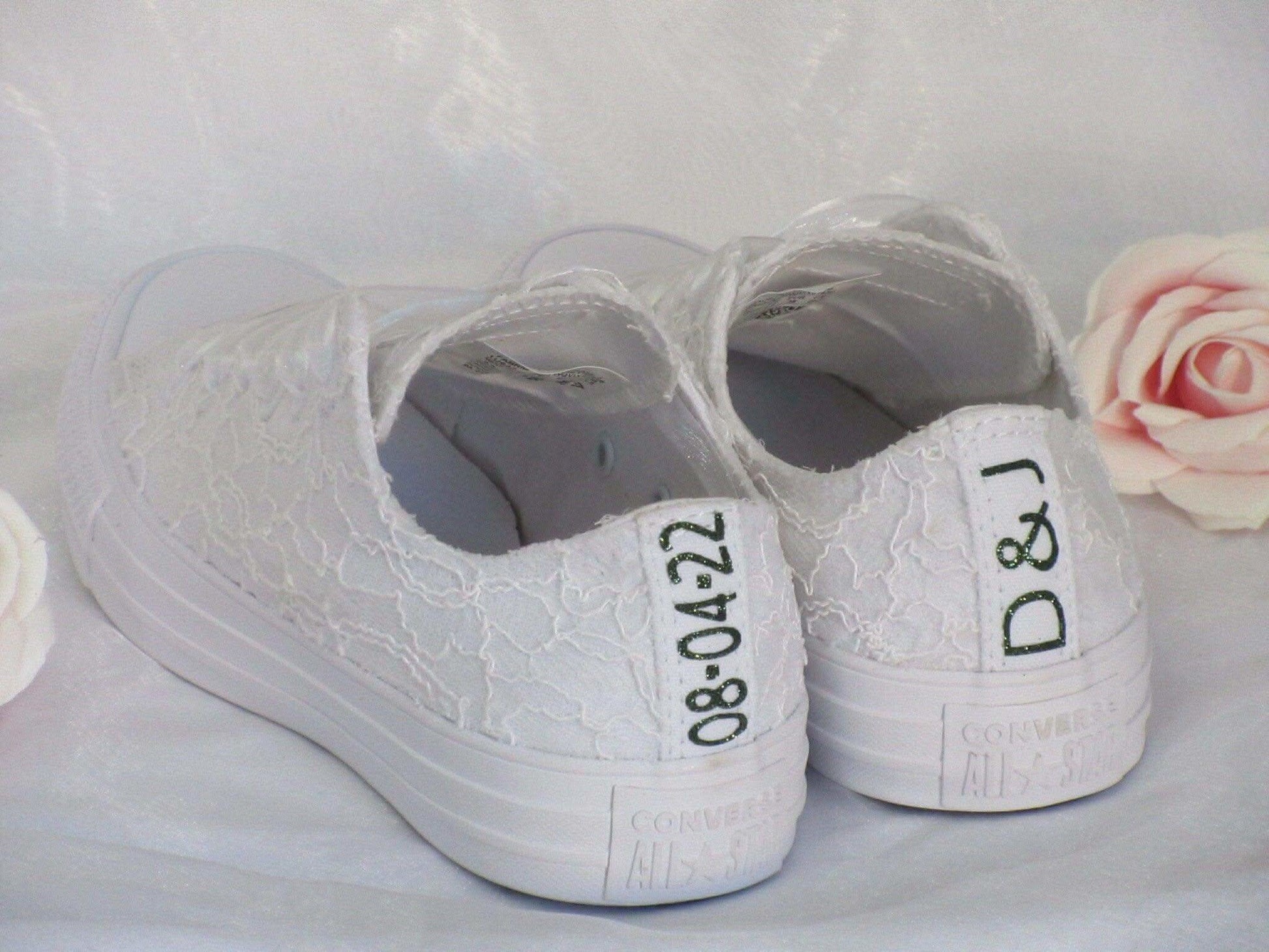 Personalised White Lace Bridal Wedding Converse, Custom Trainers for Brides, Any Colour Personalisation. - Crystal Shoe Designs