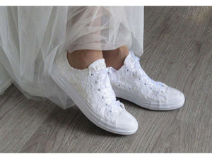 Personalised White Lace Bridal Wedding Converse, Custom Trainers for Brides, Any Colour Personalisation. - Crystal Shoe Designs