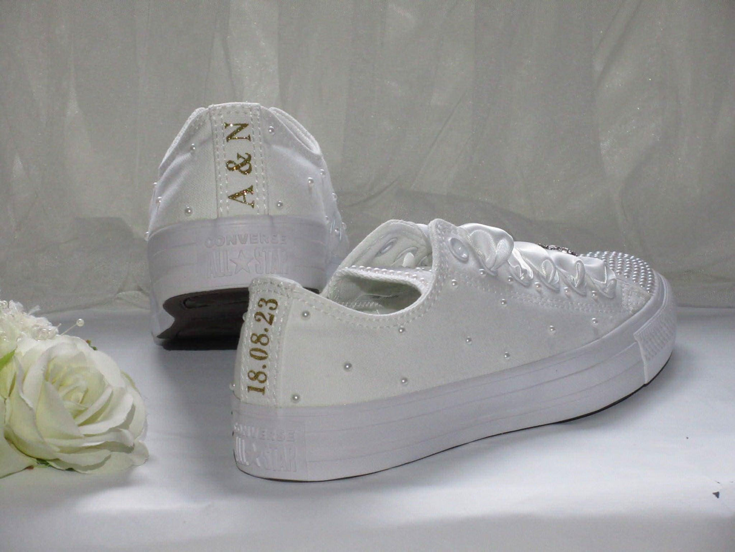 Personalised White Pearl Wedding Converse For Brides. - Crystal Shoe Designs