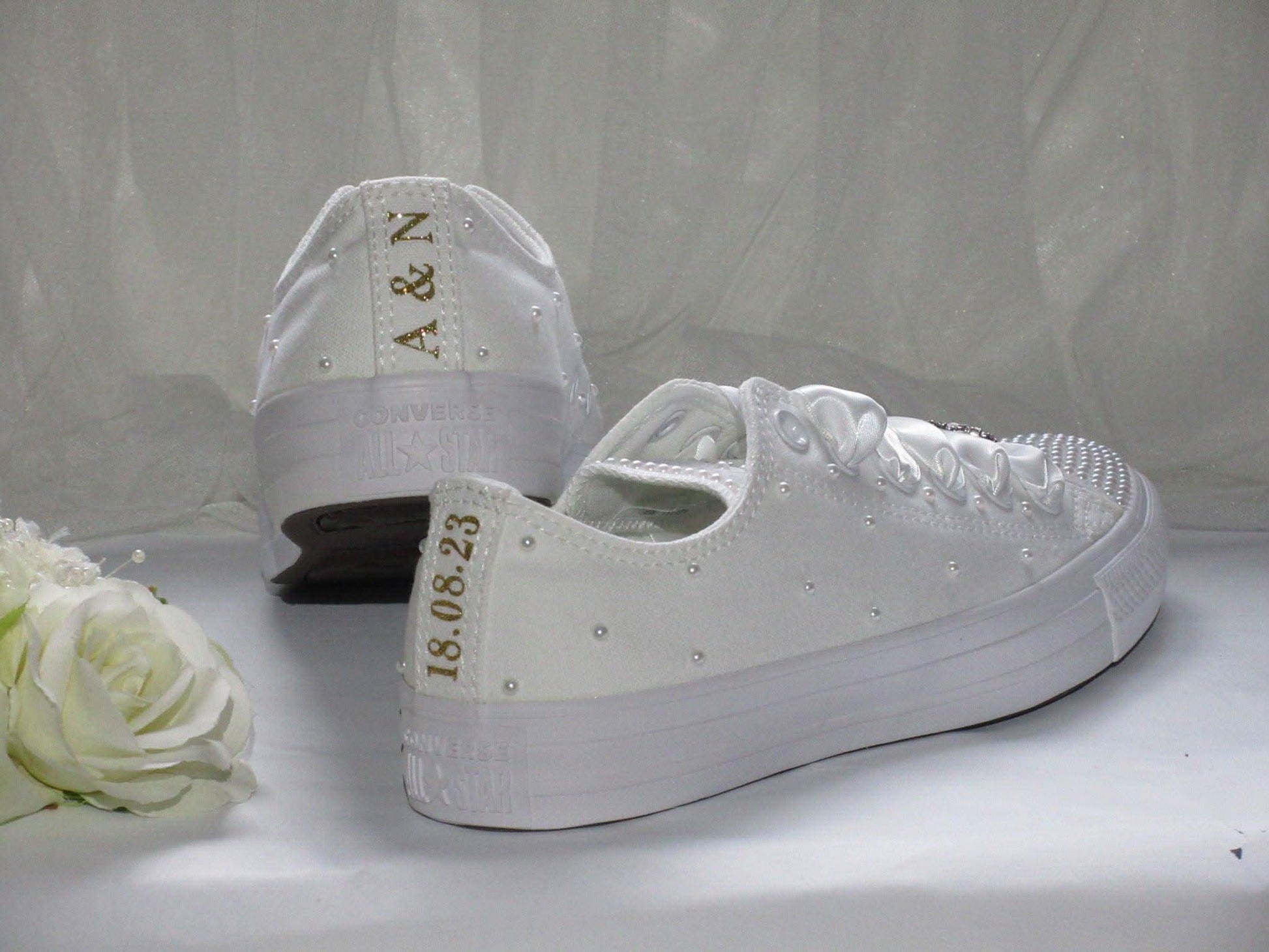 Personalised White Pearl Wedding Converse For Brides. - Crystal Shoe Designs