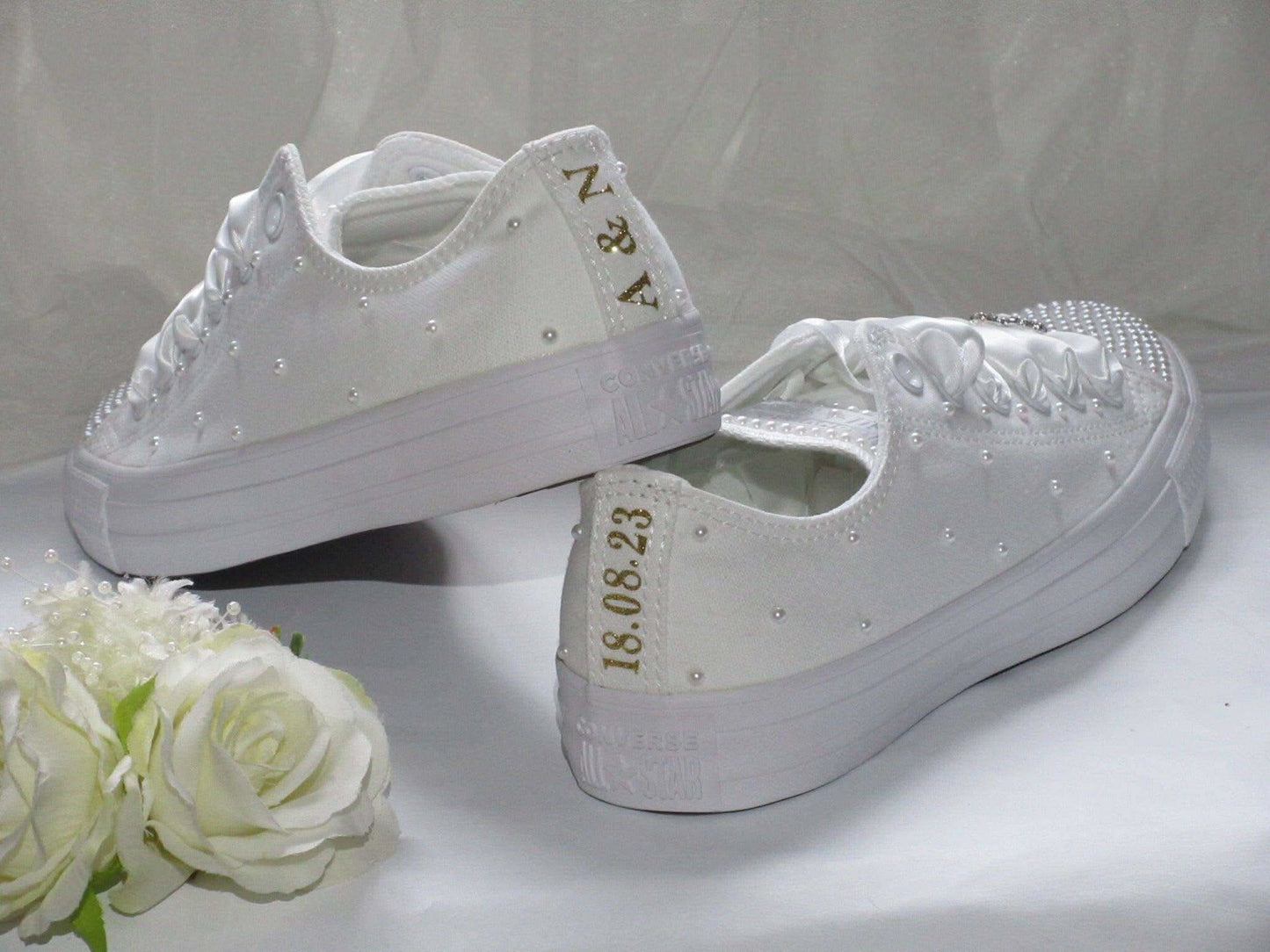 Personalised White Pearl Wedding Converse For Brides. - Crystal Shoe Designs