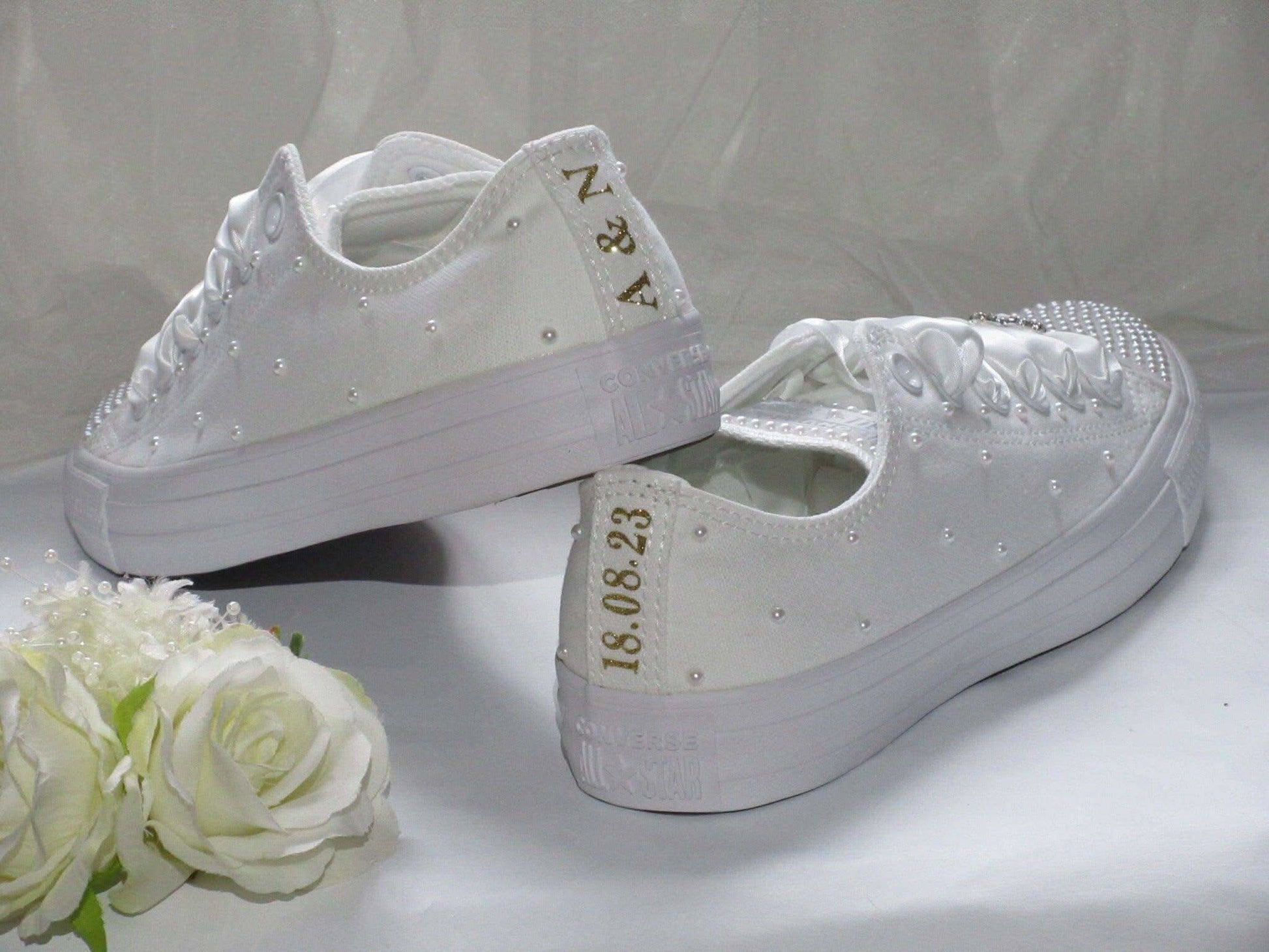Personalised White Pearl Wedding Converse For Brides. - Crystal Shoe Designs