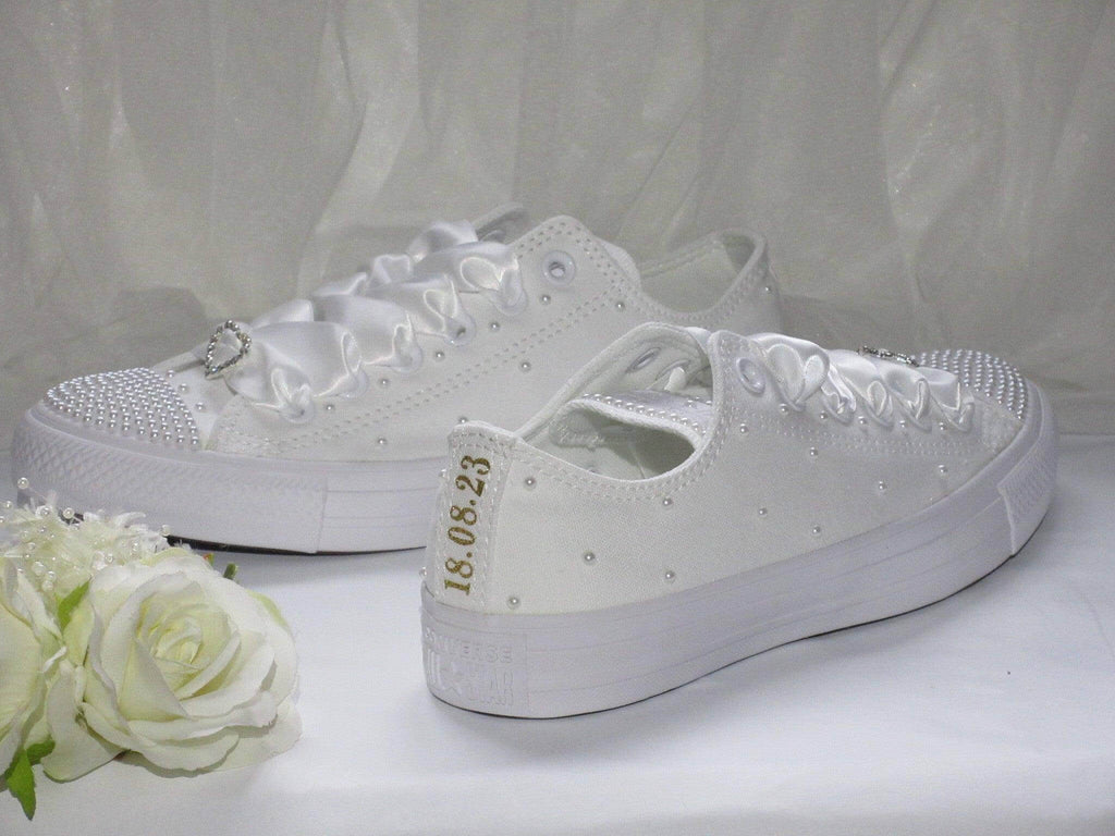 Personalised White Pearl Wedding Converse, Wedding Converse for Brides, Bride Trainers, Any Colour Print. - Crystal Shoe Designs