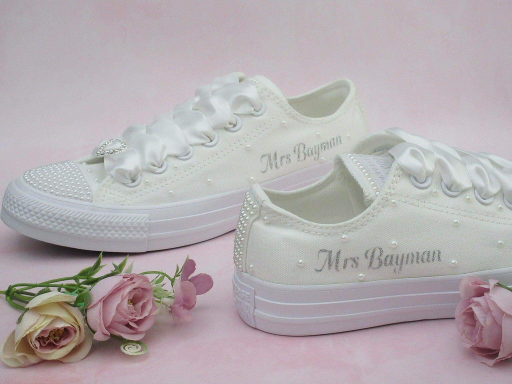 Personalised White/Ivory Pearl Wedding Converse. - Crystal Shoe Designs