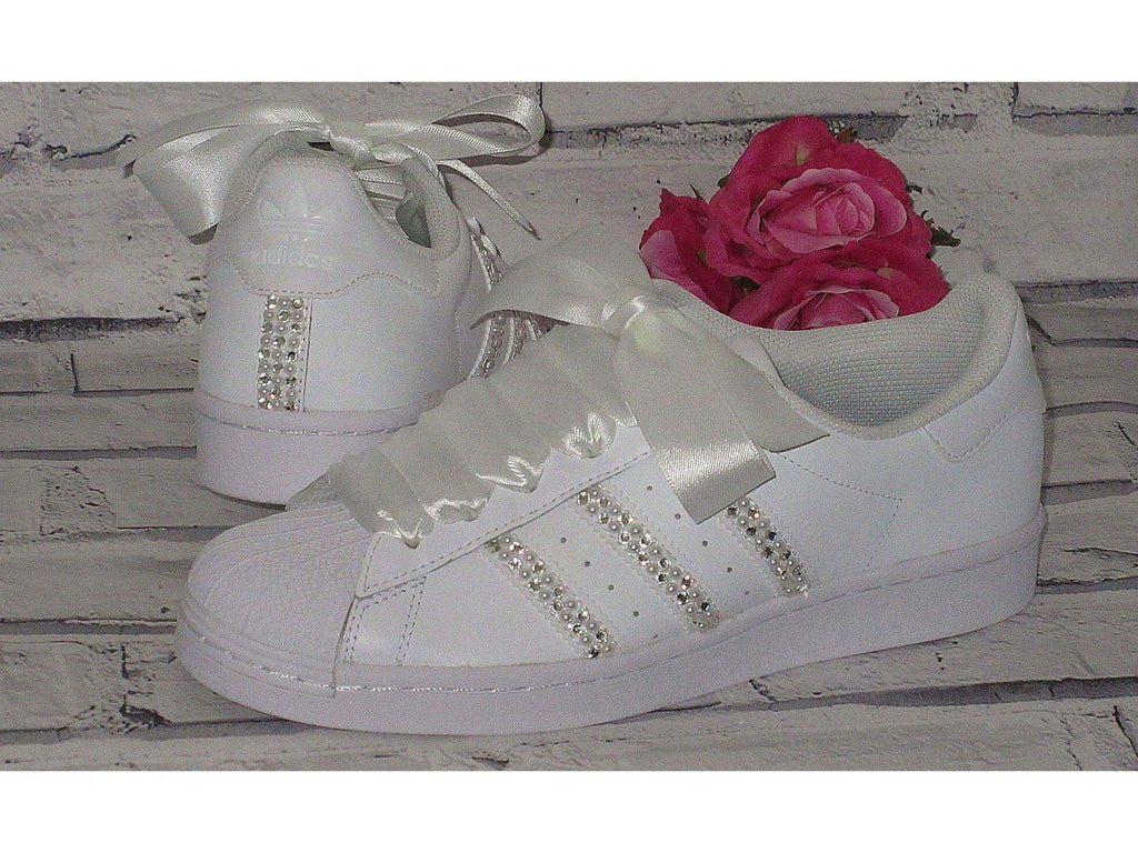 Wedding Bridal Custom Bling Sneakers/ Adidas Originals Superstar/ Crystal and Pearl Sneakers. - Crystal Shoe Designs