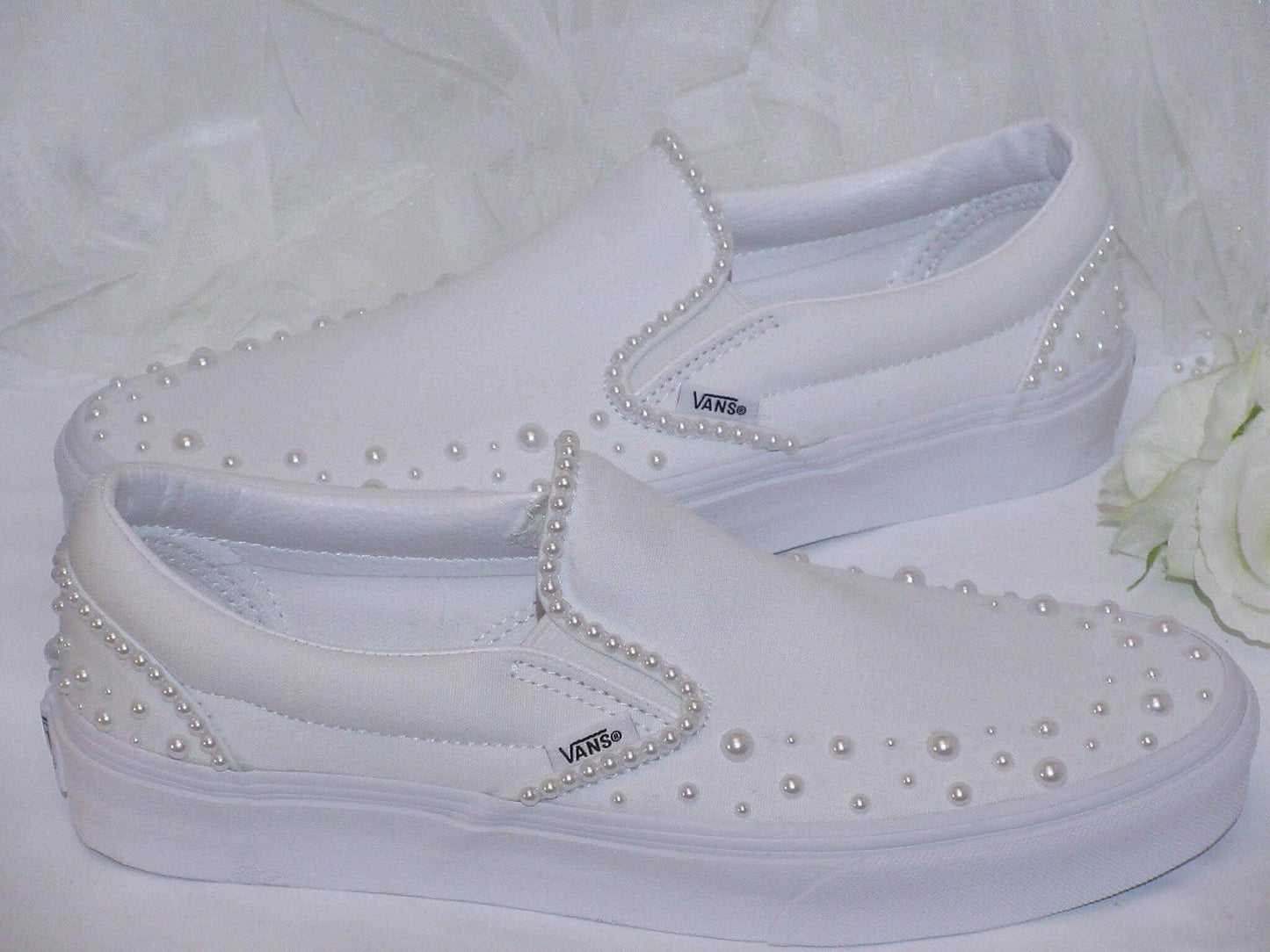 Wedding Bridal Pearl Slip on Vans Sneakers - Crystal Shoe Designs