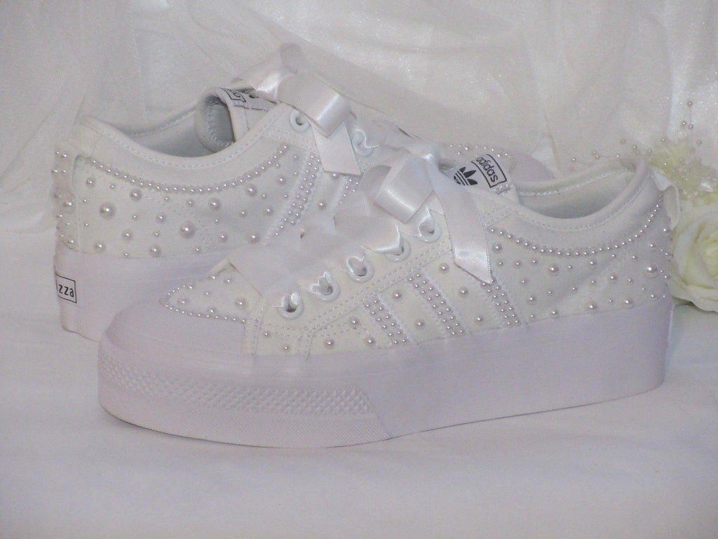 Wedding White Pearl Adidas Platform Bridal Sneakers - Crystal Shoe Designs