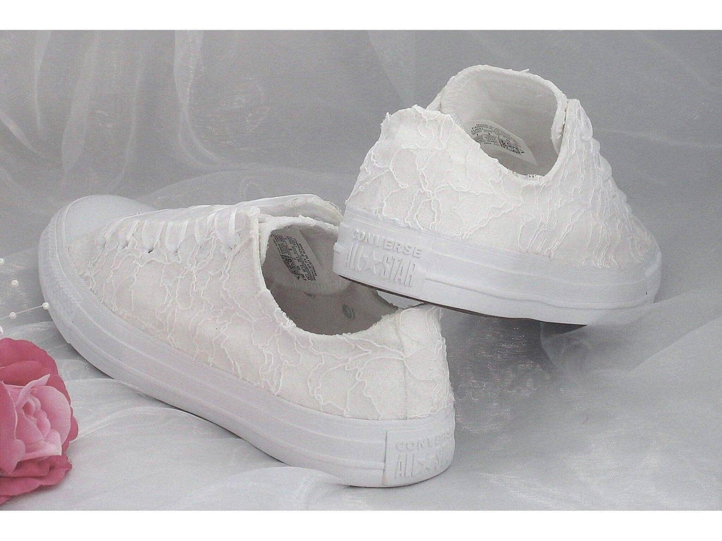 White Lace Wedding Converse Trainers For Brides - Crystal Shoe Designs