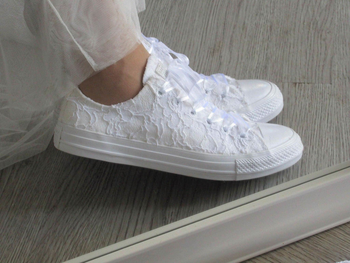 White Lace Wedding Converse Trainers For Brides - Crystal Shoe Designs
