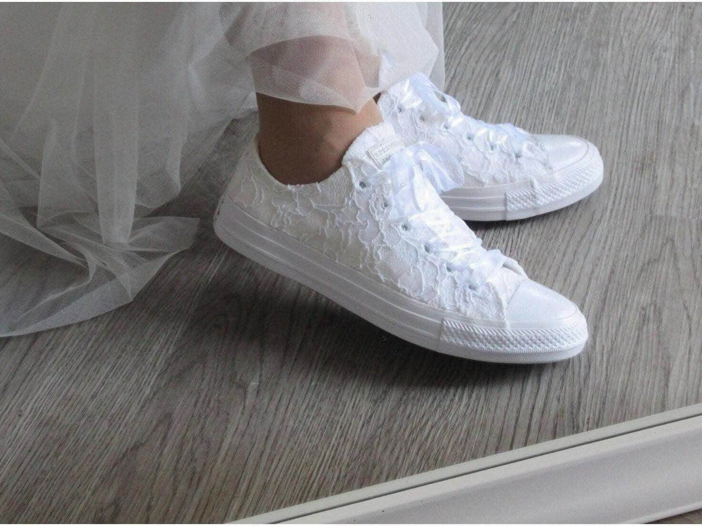 White Lace Wedding Converse Trainers For Brides - Crystal Shoe Designs