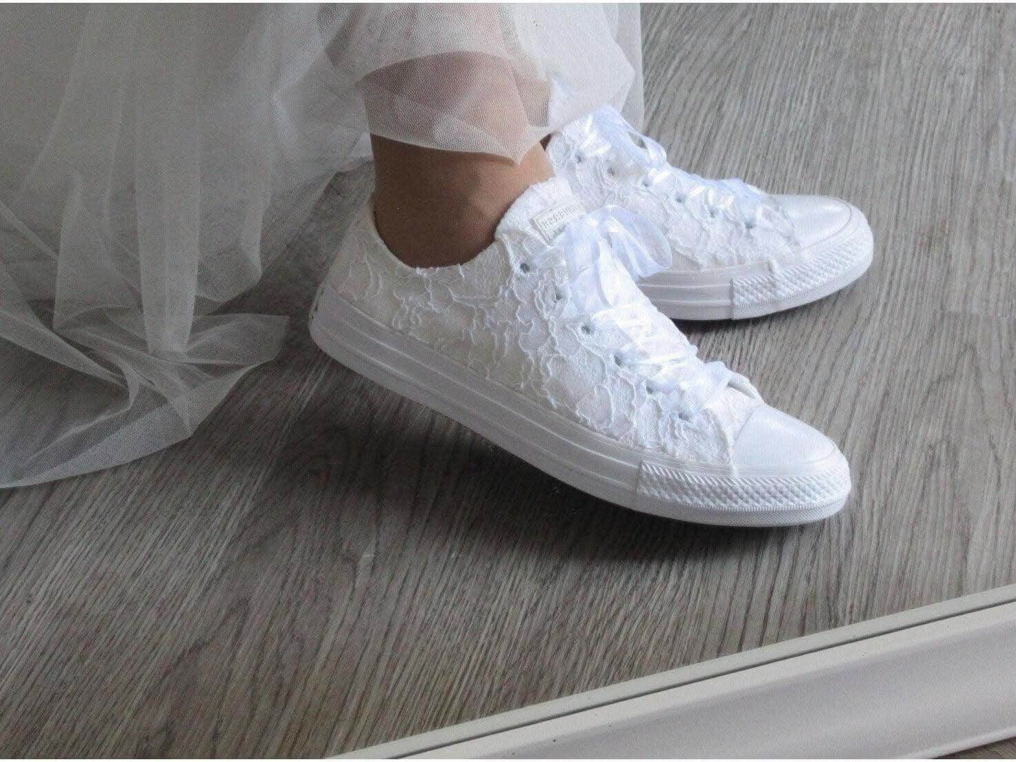 White Lace Wedding Converse Trainers For Brides - Crystal Shoe Designs