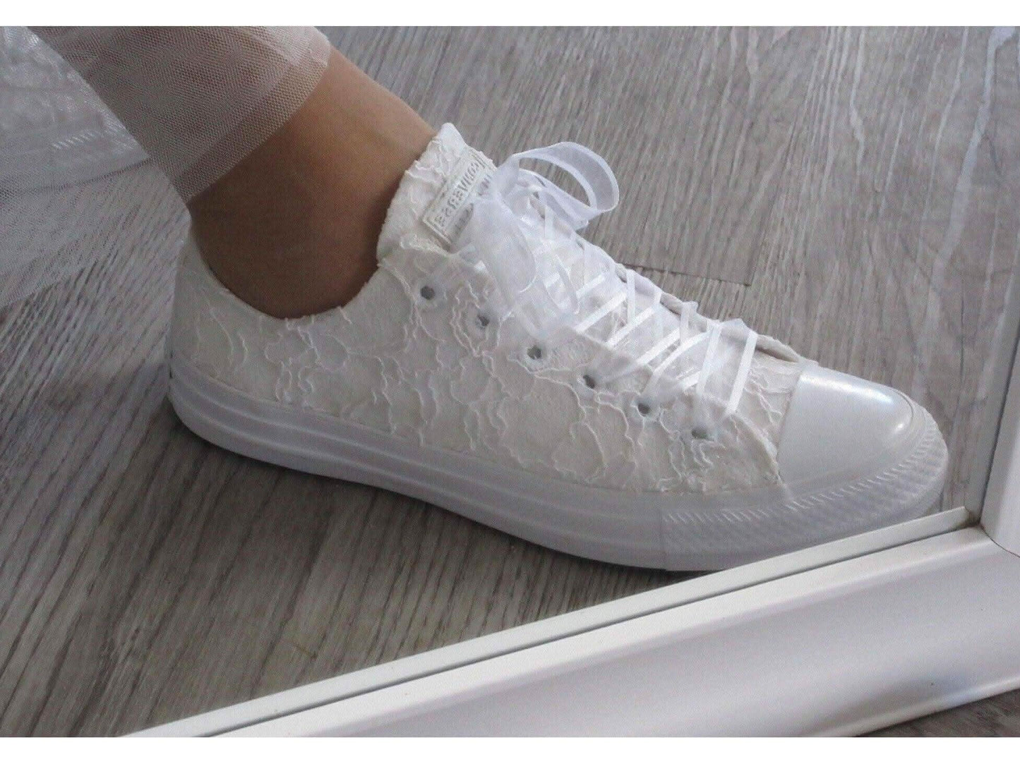 White Lace Wedding Converse Trainers For Brides - Crystal Shoe Designs